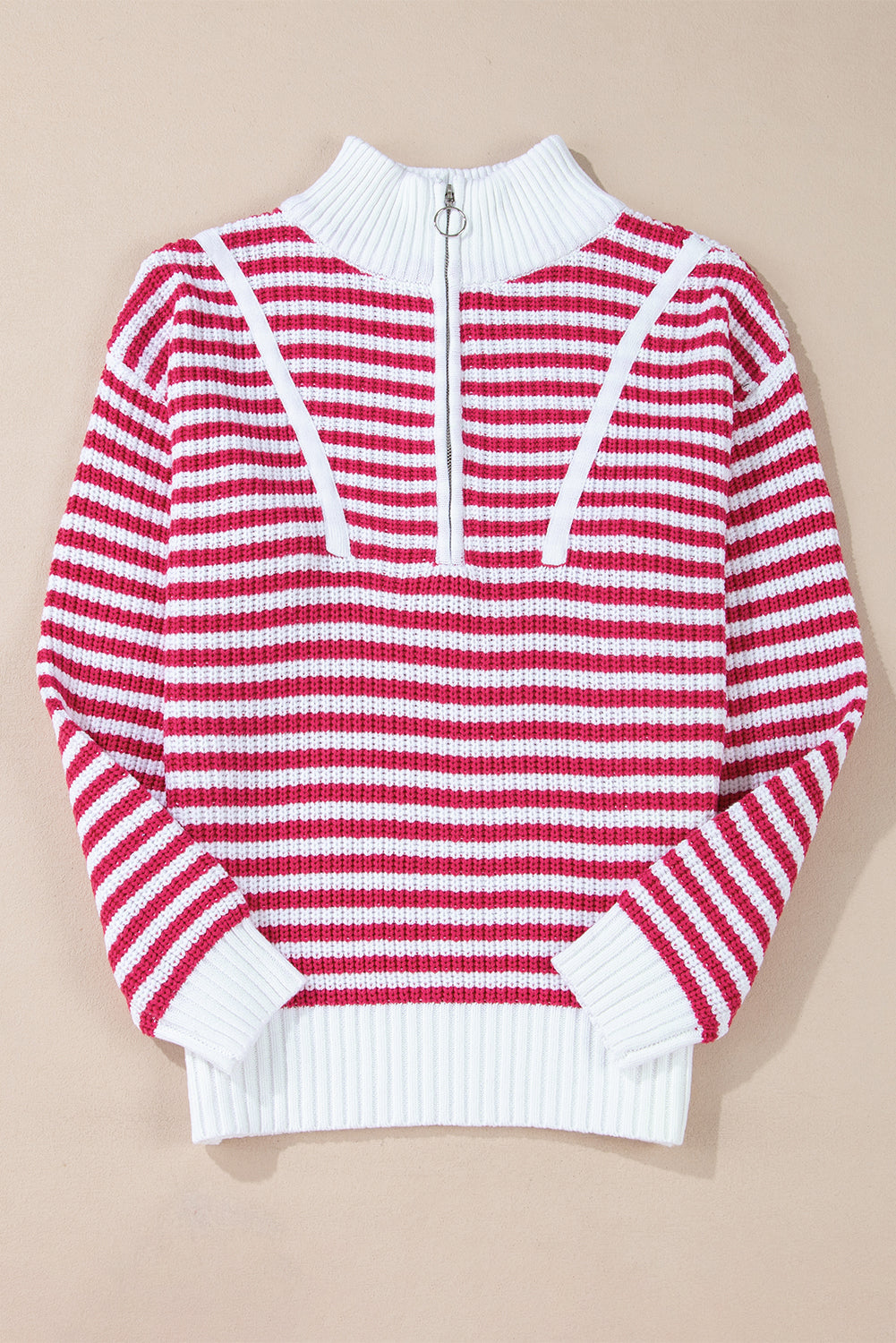 Pink Stripe Zip Up Collar Drop Shoulder Sweater-TOPS / DRESSES-[Adult]-[Female]-2022 Online Blue Zone Planet
