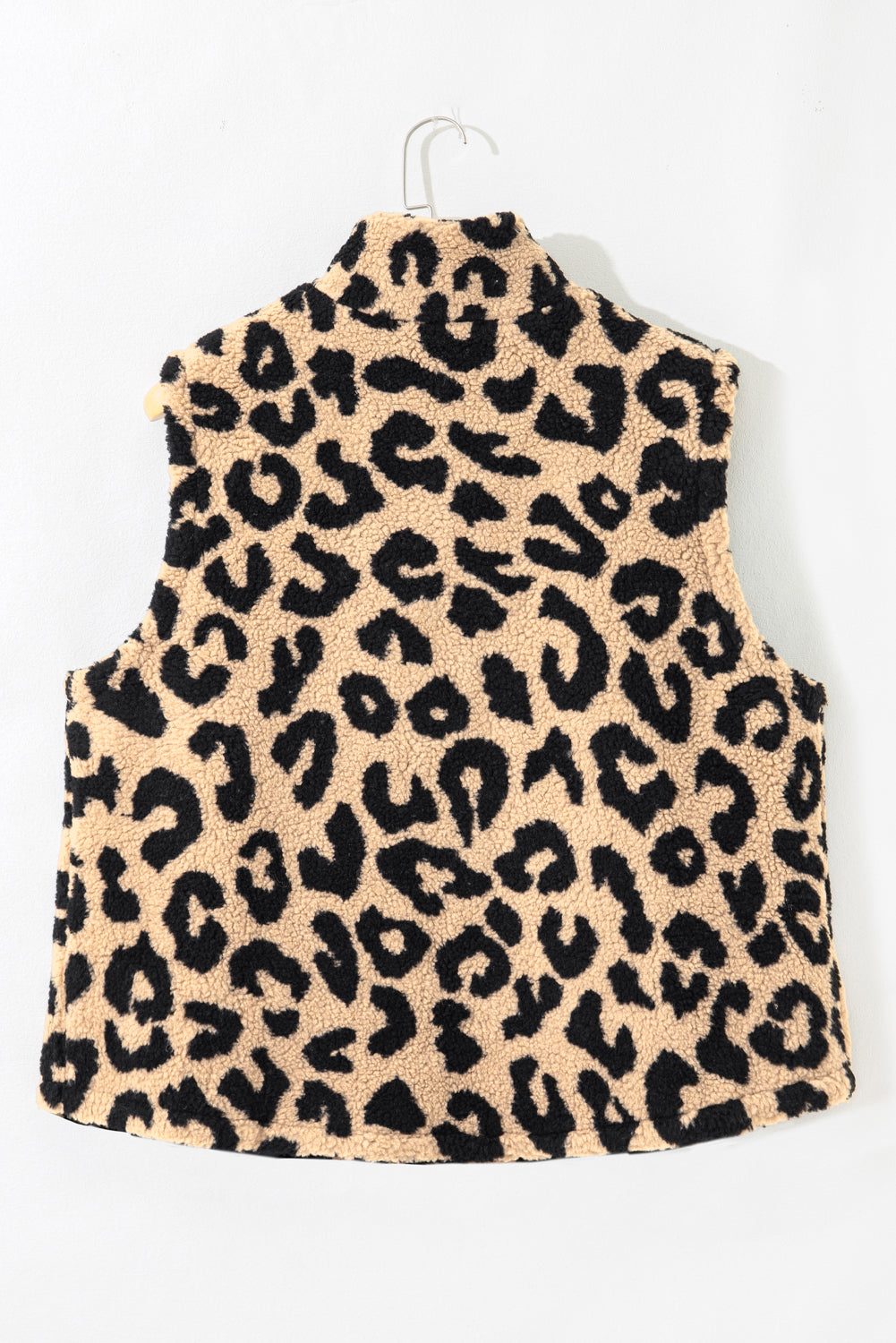 Khaki Leopard Sherpa Button Front Collared Plus Size Vest Jacket-Plus Size/Plus Size Outerwear-[Adult]-[Female]-2022 Online Blue Zone Planet