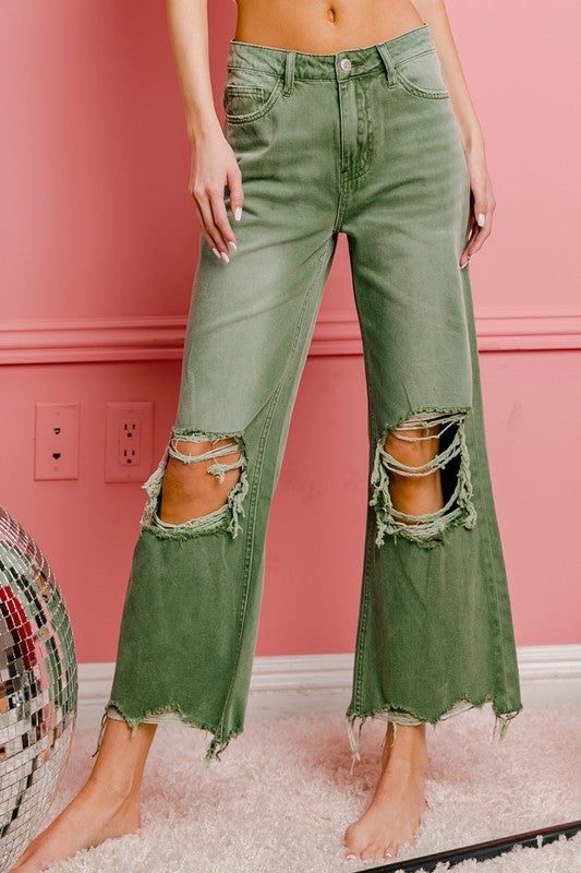 Distressed Vintage Washed Wide Leg Pants-[Adult]-[Female]-ASH GREEN-S-2022 Online Blue Zone Planet