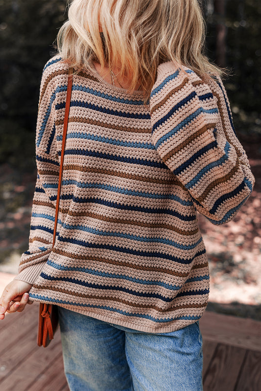 Multicolour Striped Knitted Drop Shoulder Round Neck Sweater-TOPS / DRESSES-[Adult]-[Female]-2022 Online Blue Zone Planet