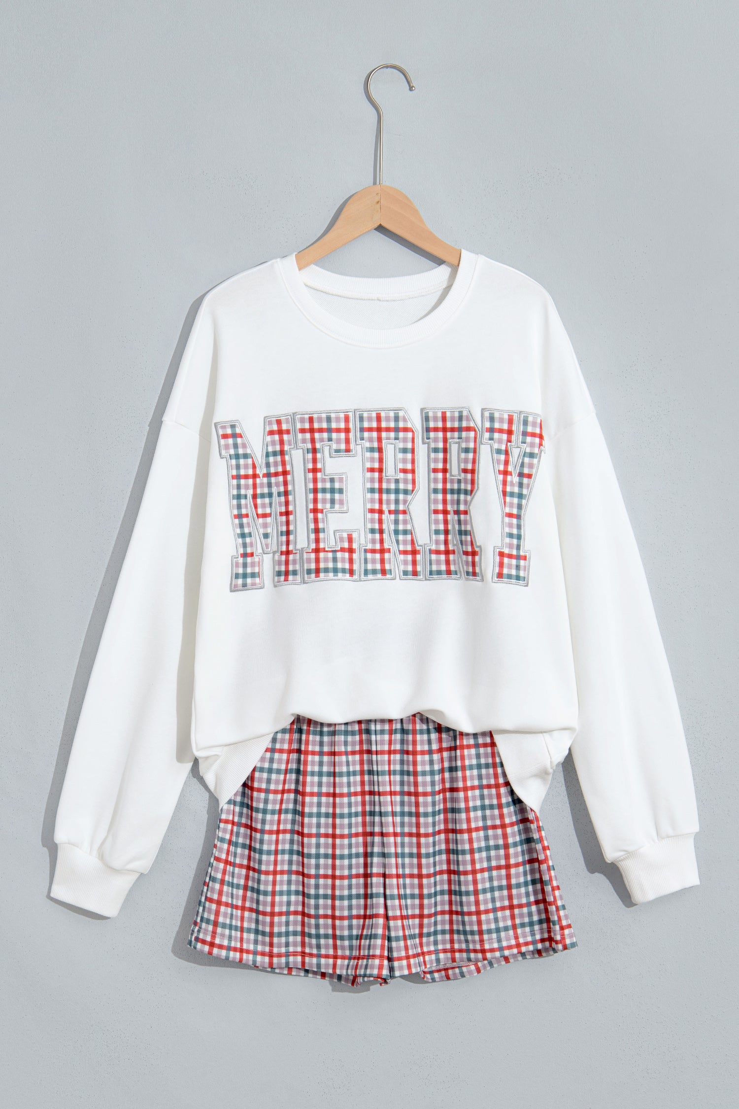 Multicolour Plaid MERRY Holiday Long Sleeve Top and Shorts Set-Two Piece Sets/Short Sets-[Adult]-[Female]-2022 Online Blue Zone Planet