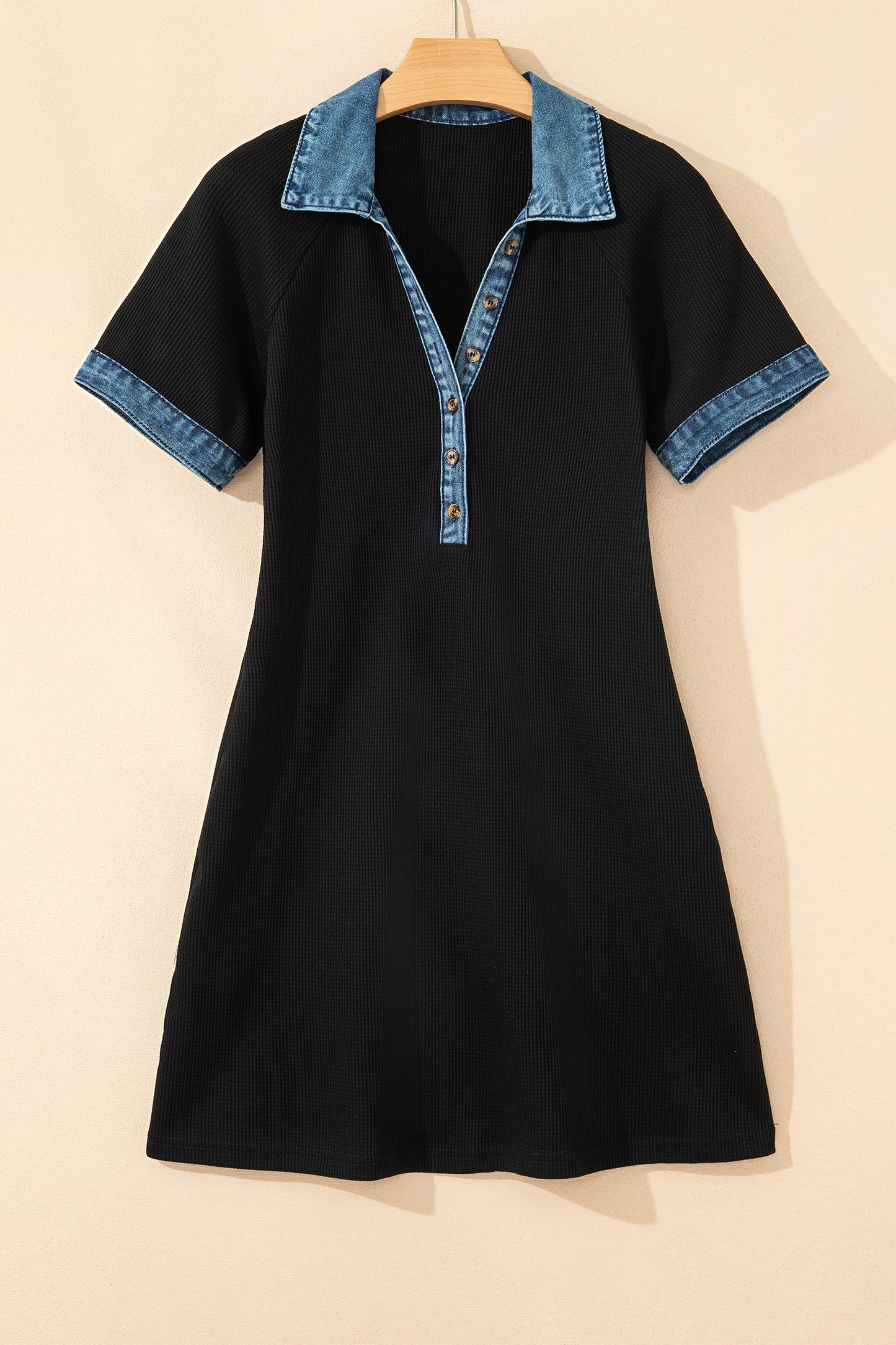 Black Waffle Knit Denim Contrast Trim Patchwork Button Polo Tee Dress-TOPS / DRESSES-[Adult]-[Female]-2022 Online Blue Zone Planet