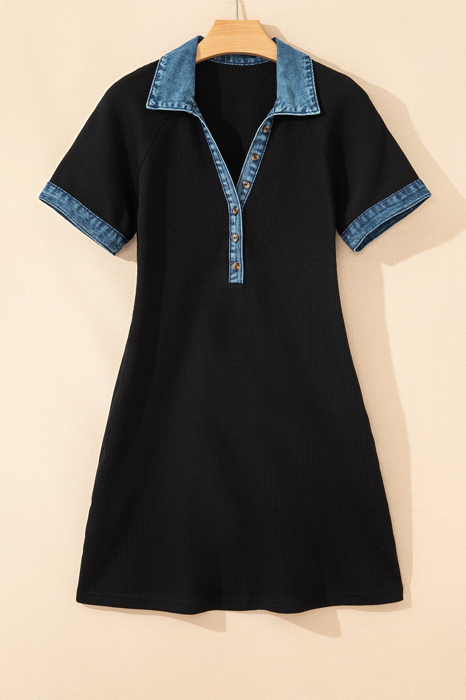 Black Waffle Knit Denim Contrast Trim Patchwork Button Polo Tee Dress-TOPS / DRESSES-[Adult]-[Female]-2022 Online Blue Zone Planet