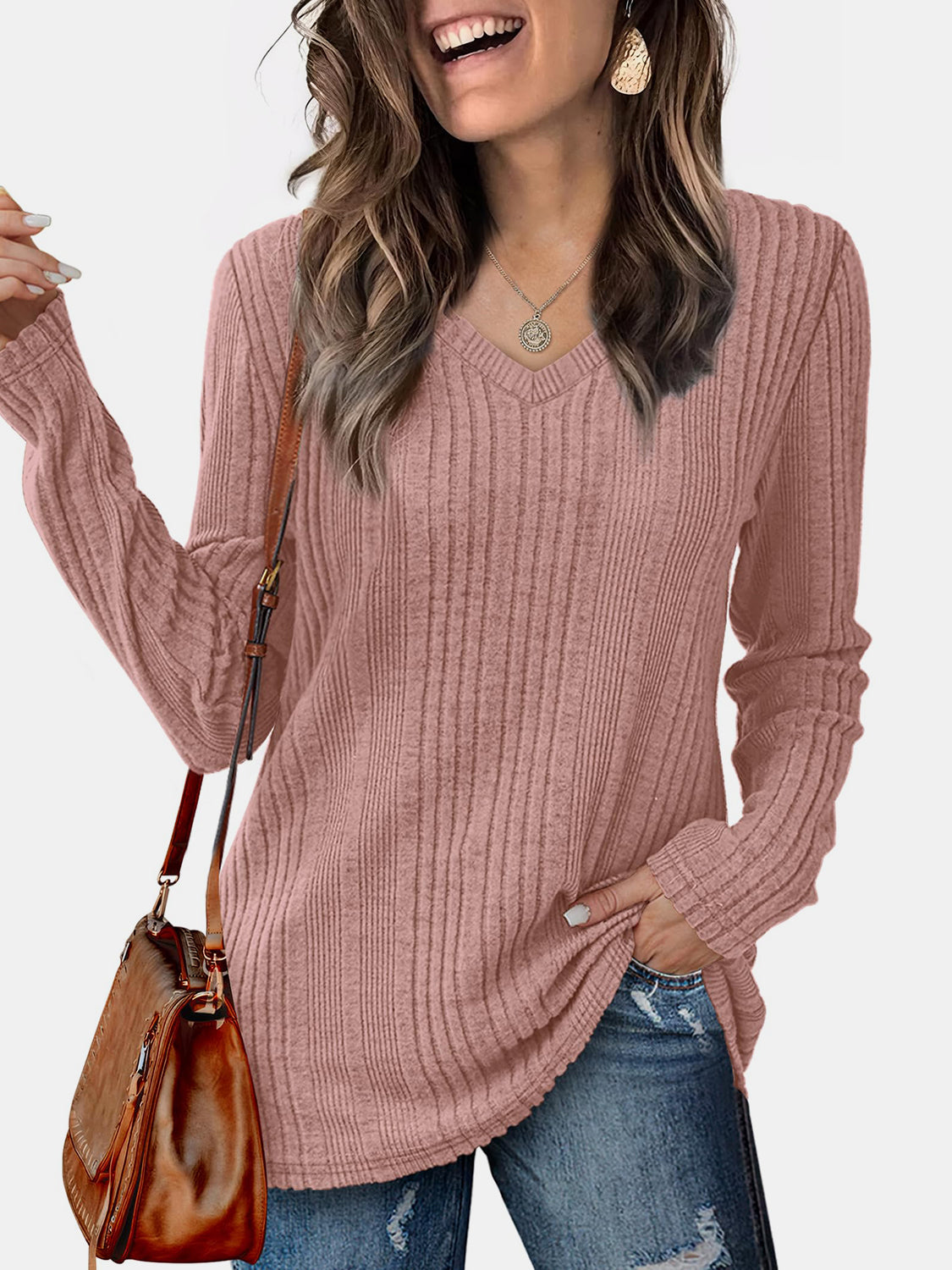 V-Neck Long Sleeve T-Shirt-TOPS / DRESSES-[Adult]-[Female]-Dusty Pink-S-2022 Online Blue Zone Planet