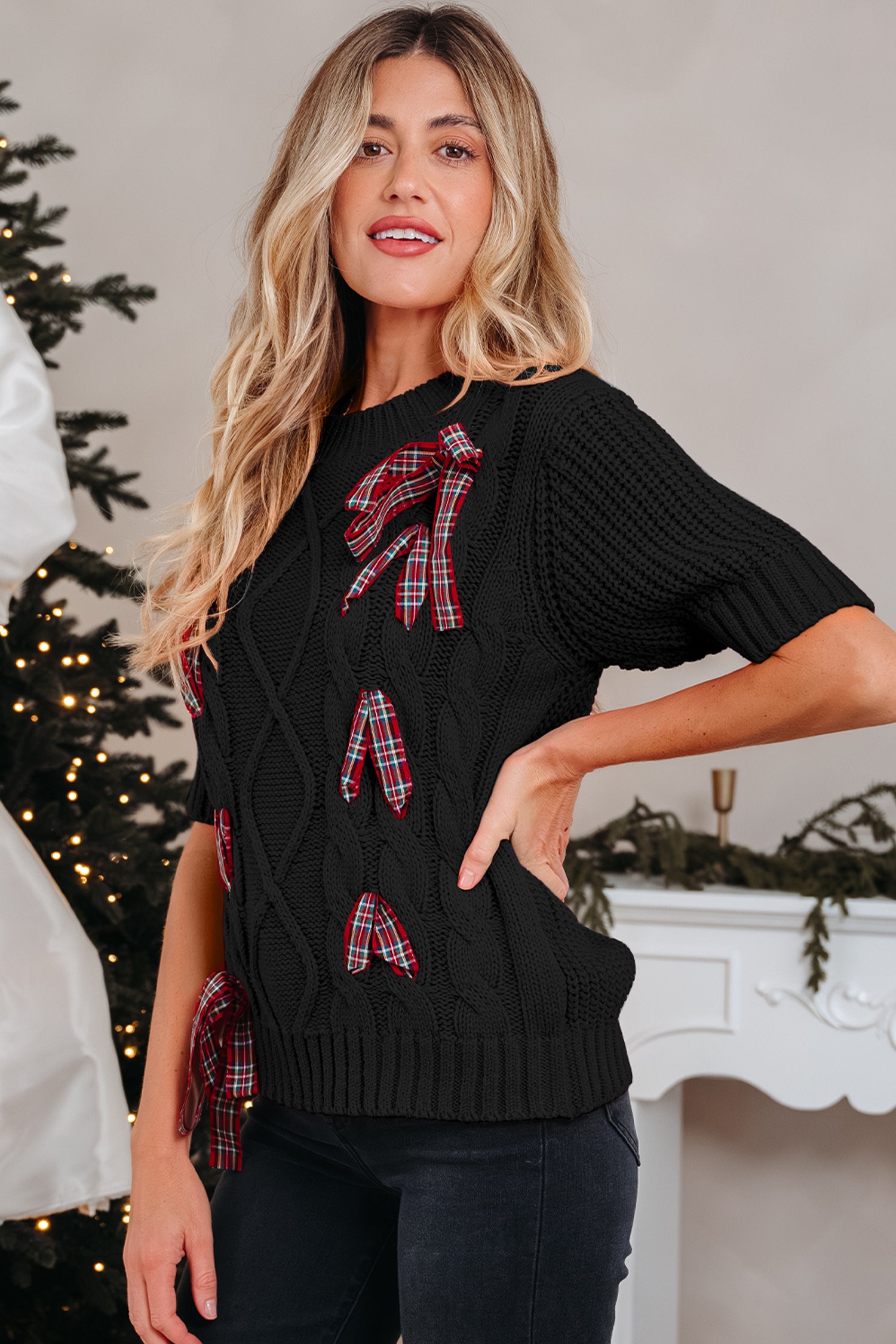 Black Plaid Lace up Detail Christmas Holiday Puff Short Sleeve Sweater-Sweaters & Cardigans/Short Sleeve Sweaters-[Adult]-[Female]-2022 Online Blue Zone Planet