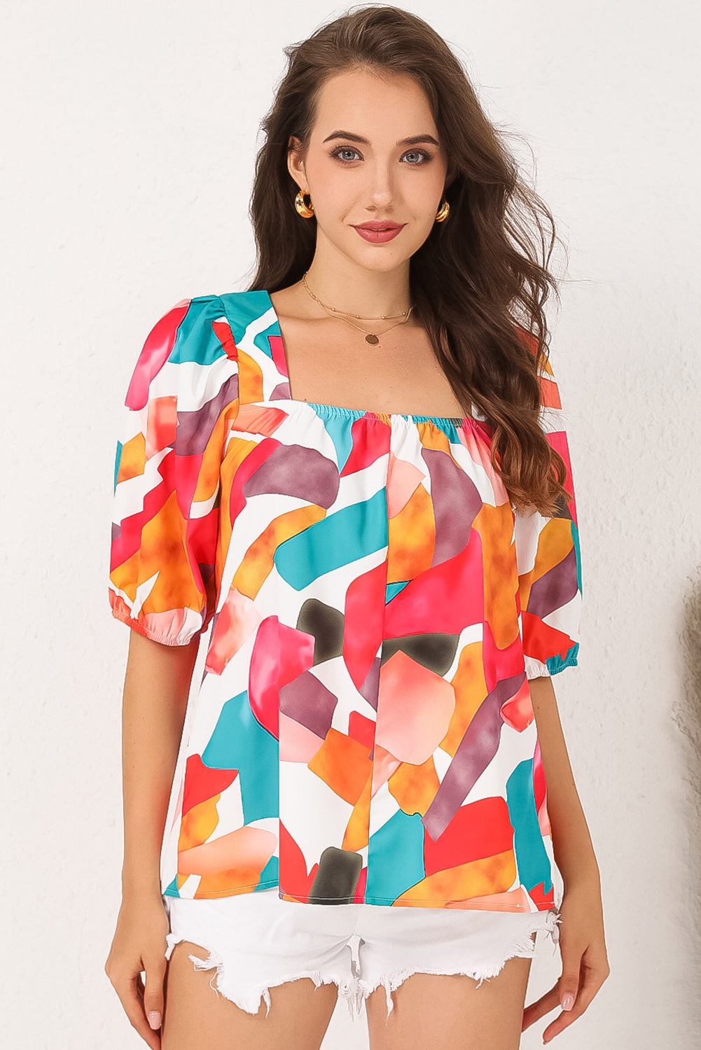 Multicolor Square Neck Abstract Print Short Sleeve Blouse-Sale (50% OFF)/30% OFF-[Adult]-[Female]-2022 Online Blue Zone Planet