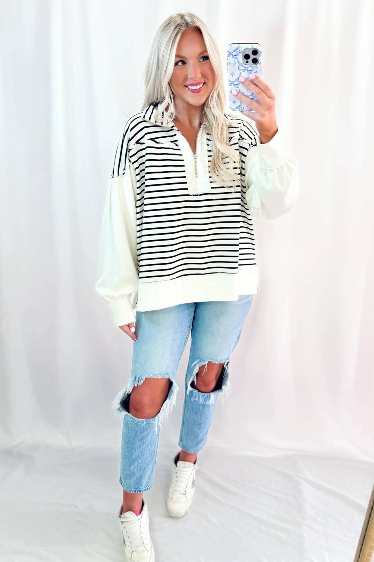 White Stripe Color Block Long Puff Sleeve Metal Zip-Up Collar Top