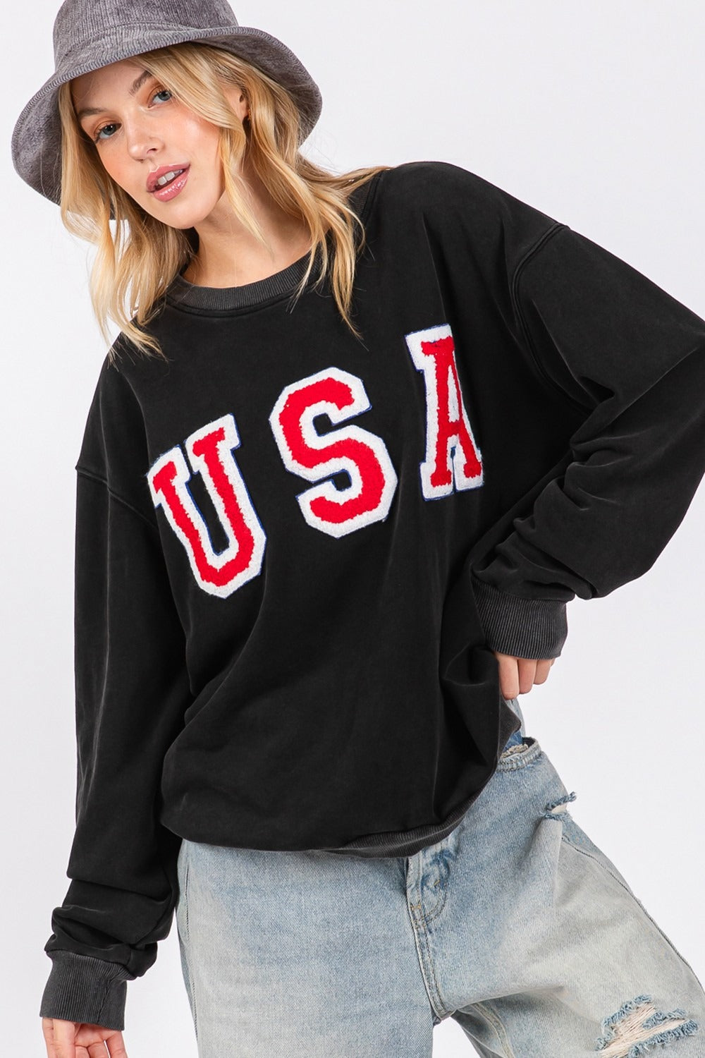 Blue Zone Planet | Sage + Fig USA Letter Patch Round Neck Sweatshirt-TOPS / DRESSES-[Adult]-[Female]-2022 Online Blue Zone Planet