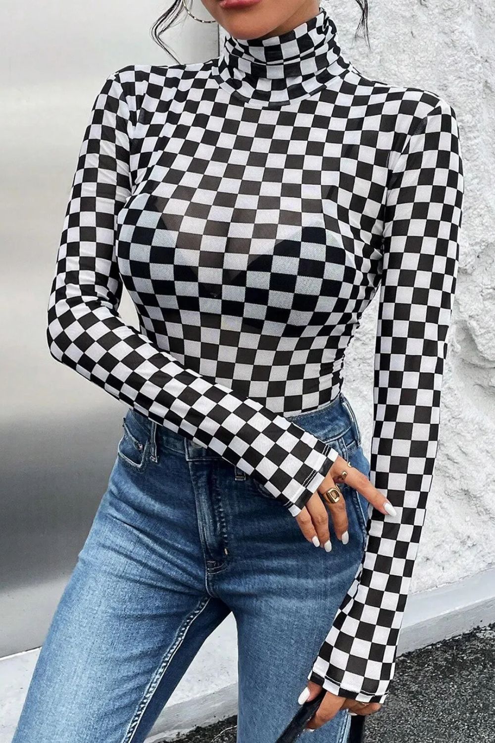 Checkered Turtleneck Long Sleeve Bodysuit-TOPS / DRESSES-[Adult]-[Female]-Black-S-2022 Online Blue Zone Planet