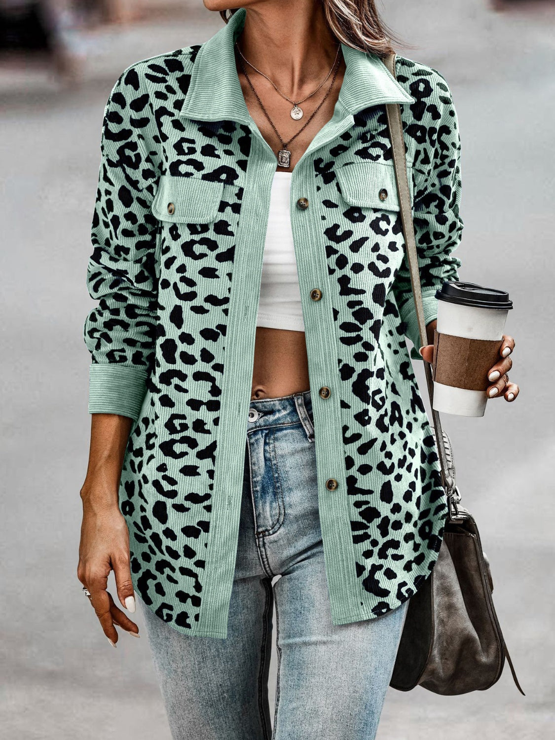 Full Size Leopard Collared Neck Button Up Long Sleeve Jacket-TOPS / DRESSES-[Adult]-[Female]-Gum Leaf-S-2022 Online Blue Zone Planet