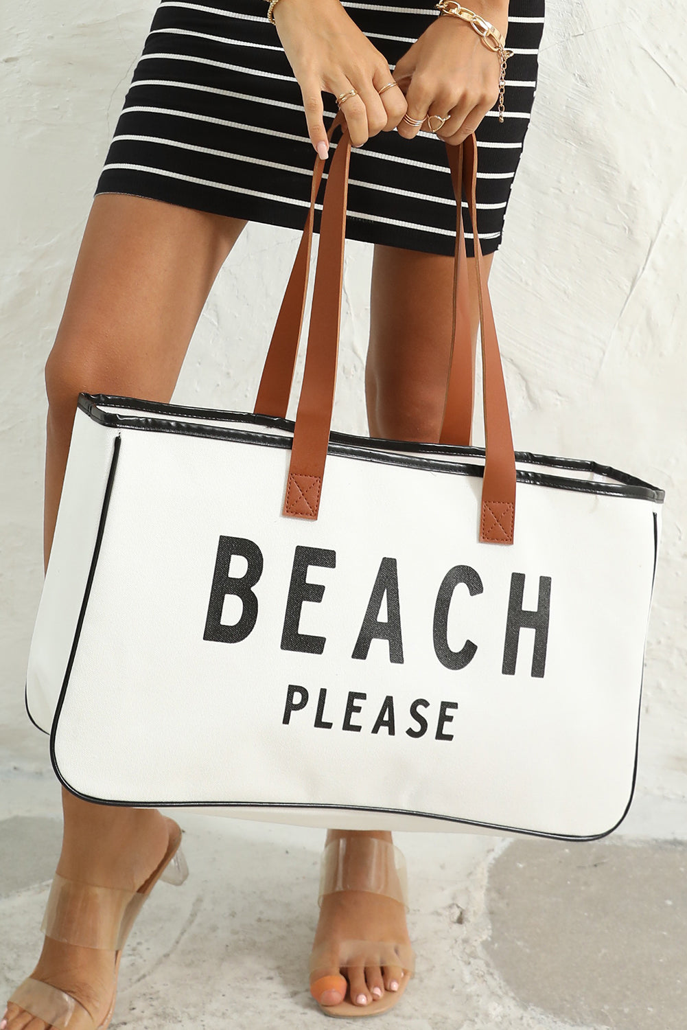 White BEACH PLEASE Print Large Canvas Tote Bag-Shoes & Bags/Handbags-[Adult]-[Female]-2022 Online Blue Zone Planet