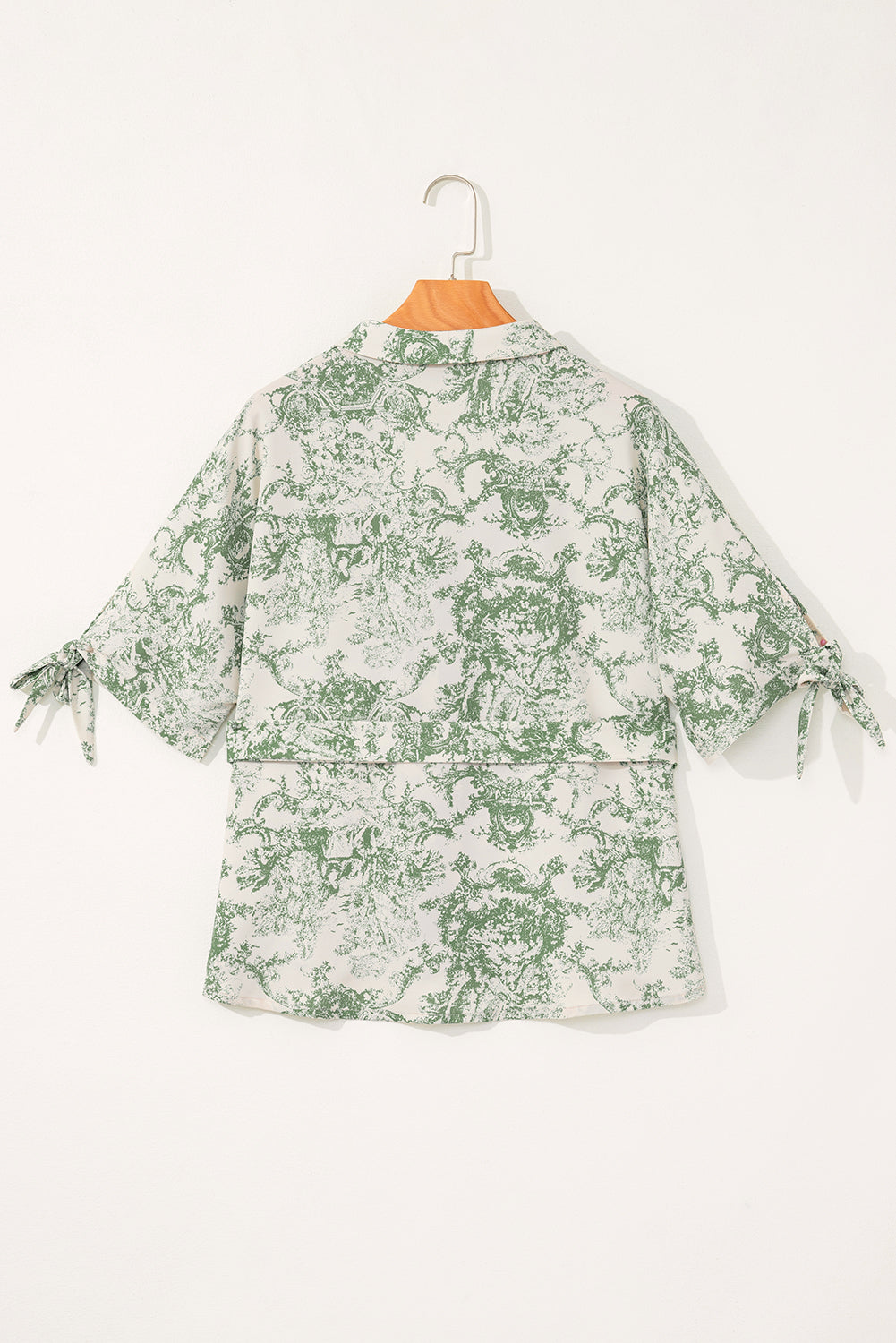 Green Landscape Print Tied 3/4 Sleeve Shirt with Sash-Tops/Blouses & Shirts-[Adult]-[Female]-2022 Online Blue Zone Planet