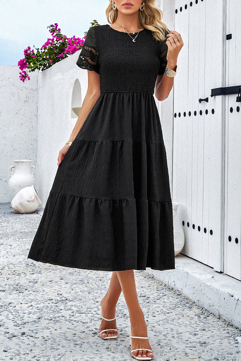 Smocked Round Neck Short Sleeve Midi Dress-TOPS / DRESSES-[Adult]-[Female]-Black-S-2022 Online Blue Zone Planet