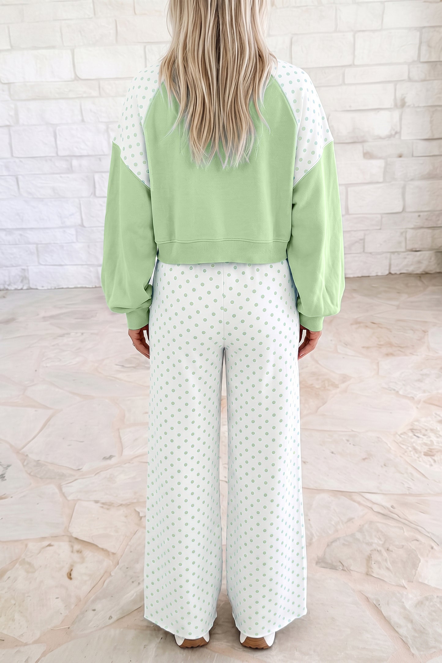 Khaki Polka Dot Patchwork Colorblock Long Sleeve Casual Two Piece Pants Set