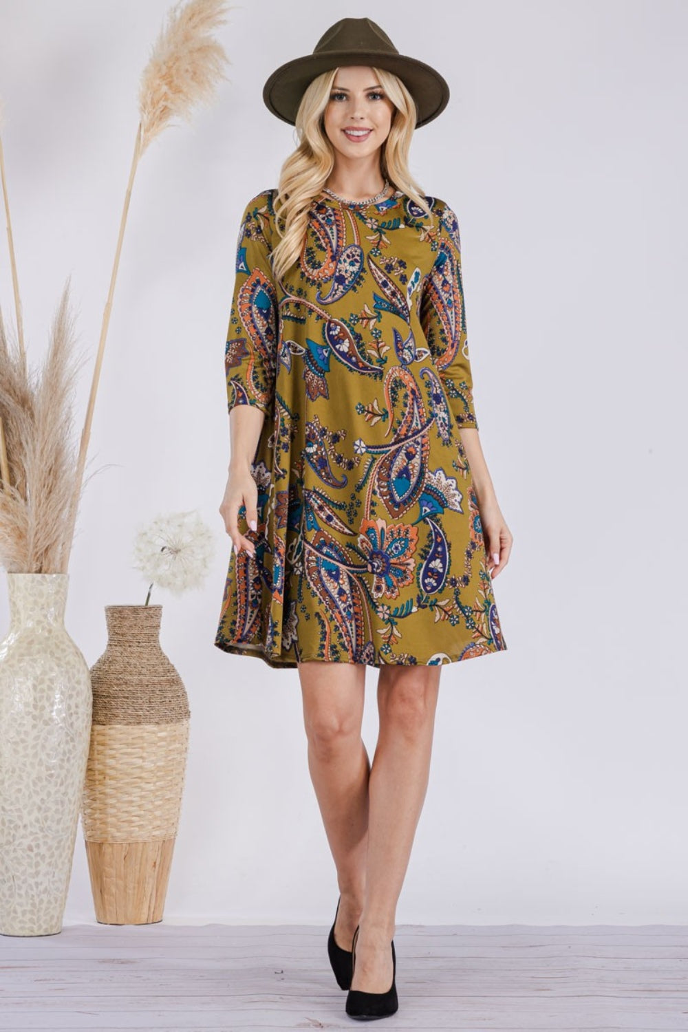 Celeste Full Size Paisley Print Round Neck Dress with Pockets-TOPS / DRESSES-[Adult]-[Female]-Olive Paisley-S-2022 Online Blue Zone Planet