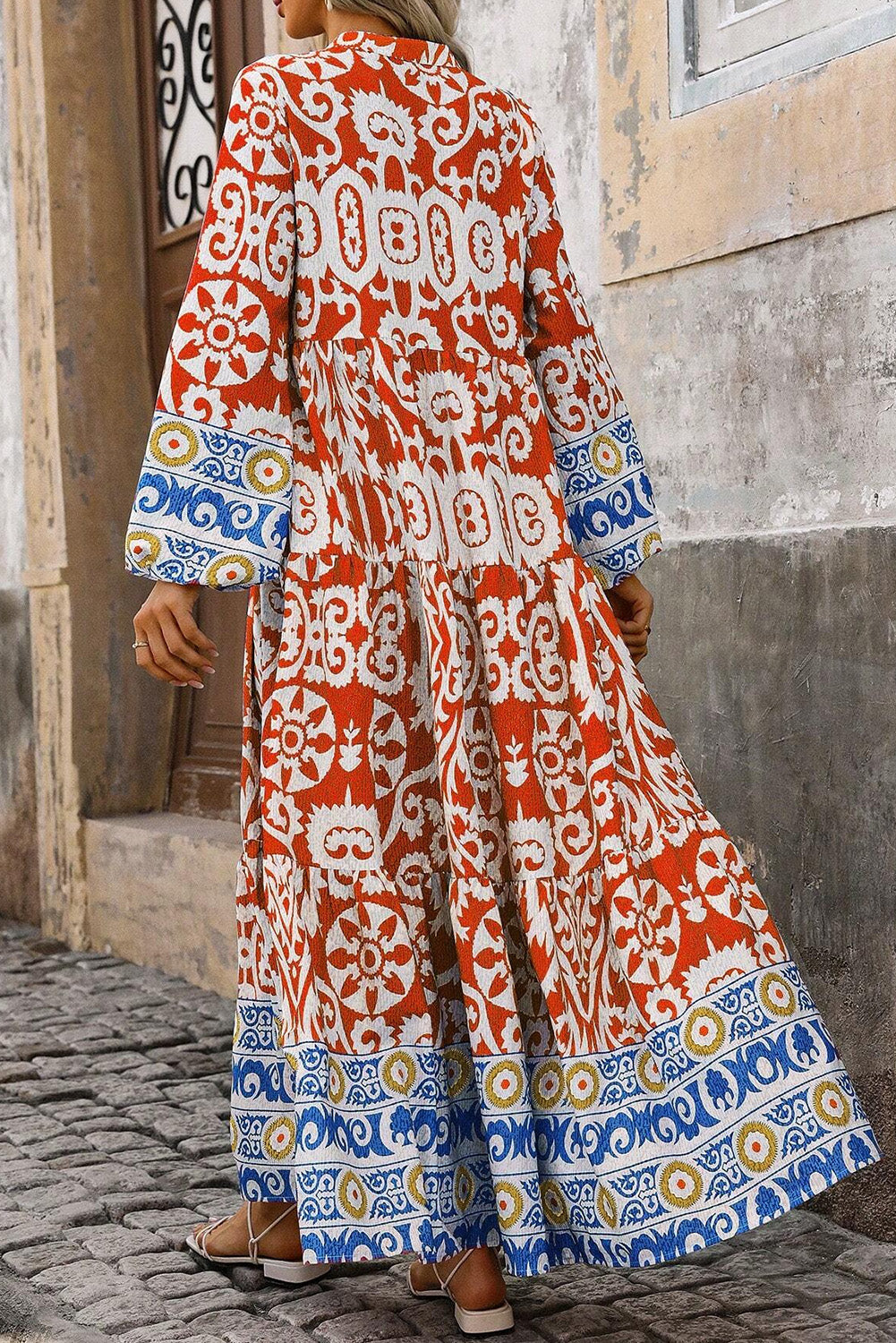 Orange Boho Geometric Printed Long Sleeve Maxi Dress-Dresses/Maxi Dresses-[Adult]-[Female]-2022 Online Blue Zone Planet