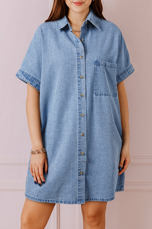 Dusk Blue Short Sleeve Pocketed Button up Denim Tunic Dress-Dresses/Mini Dresses-[Adult]-[Female]-Dusk Blue-S-2022 Online Blue Zone Planet