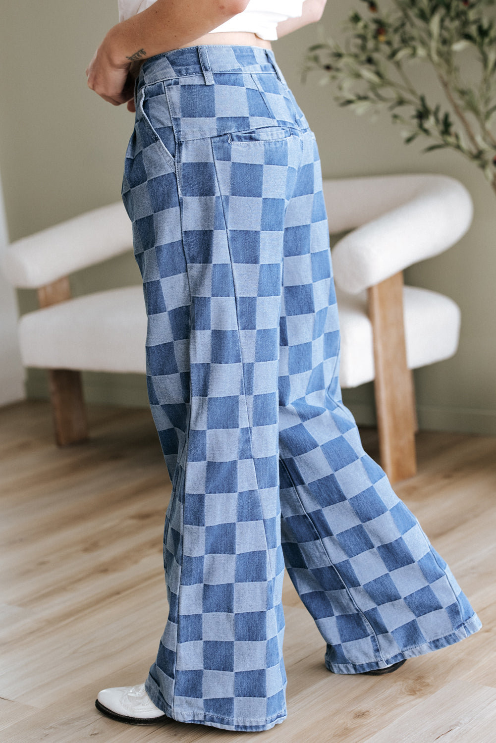 Blue Zone Planet | Dusk Blue Checkered Denim Wide Leg Jeans-Bottoms/Jeans-[Adult]-[Female]-2022 Online Blue Zone Planet