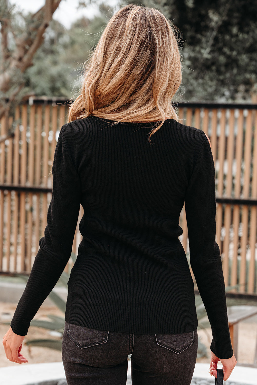 Black Ribbed Knit Cold Shoulder Sweater-TOPS / DRESSES-[Adult]-[Female]-2022 Online Blue Zone Planet