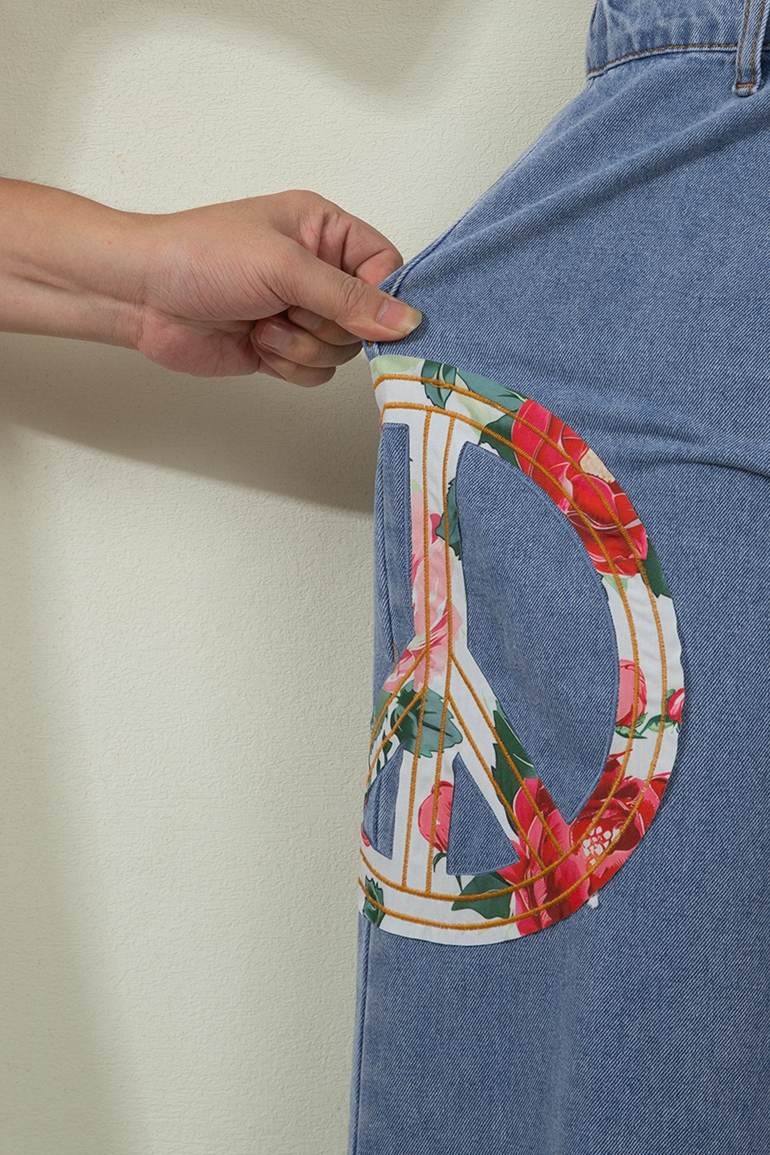 Myosotis Floral Peace Sign Embroidered Patch Wide Leg Jeans-Bottoms/Jeans-[Adult]-[Female]-2022 Online Blue Zone Planet