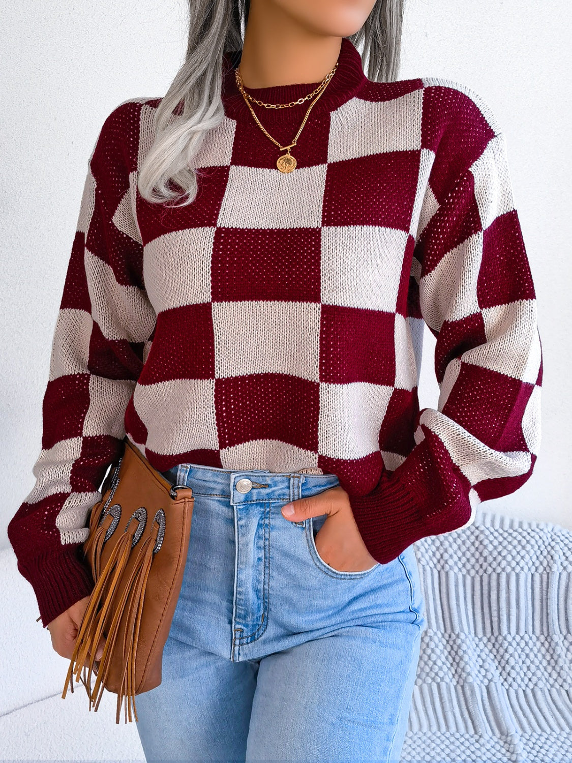 Checkered Mock Neck Long Sleeve Sweater-TOPS / DRESSES-[Adult]-[Female]-2022 Online Blue Zone Planet