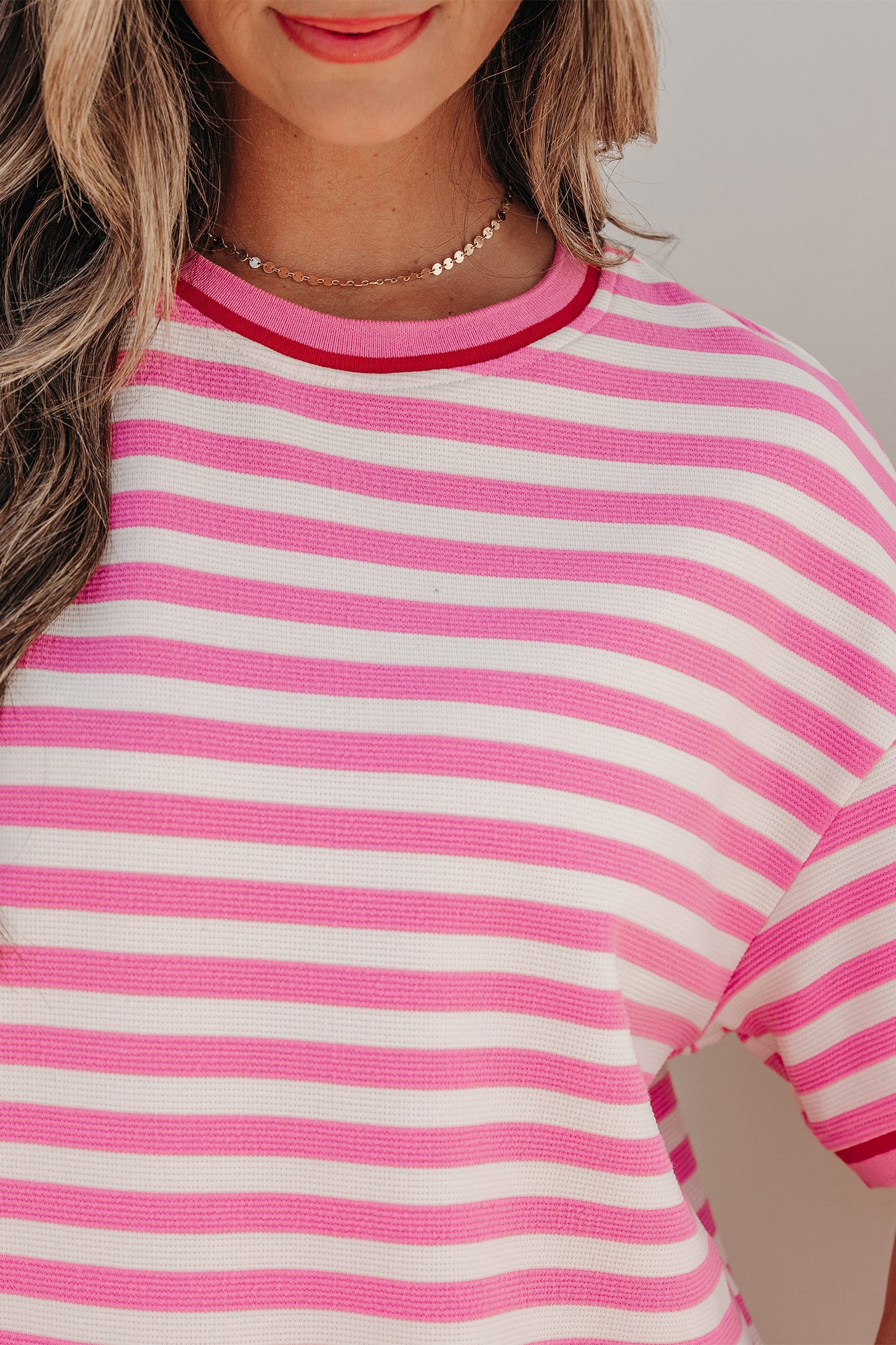 Pink Stripe Contrast Trim Short Sleeve Top Loose Shorts 2pcs Casual Outfit-Two Piece Sets/Short Sets-[Adult]-[Female]-2022 Online Blue Zone Planet