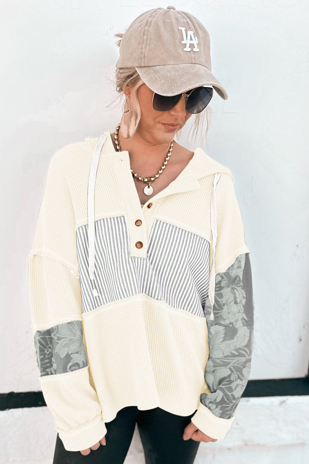 White Waffle Printed Patchwork Drawstring Hooded Long Sleeve Top-Tops/Long Sleeve Tops-[Adult]-[Female]-2022 Online Blue Zone Planet