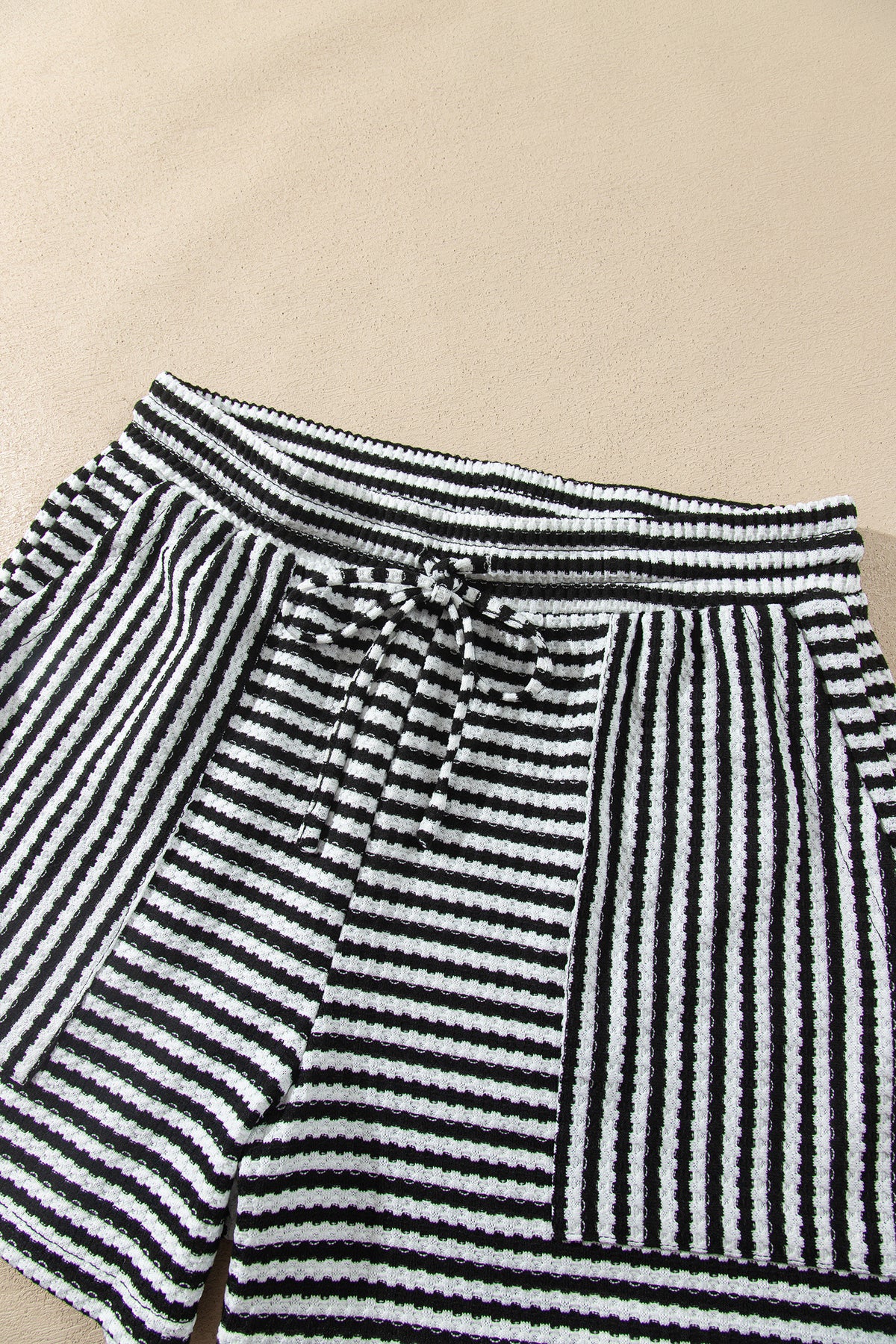 Brown Stripe Textured Knit Long Sleeve Top Elastic Waist Shorts Casual Outfit-Two Piece Sets/Short Sets-[Adult]-[Female]-2022 Online Blue Zone Planet