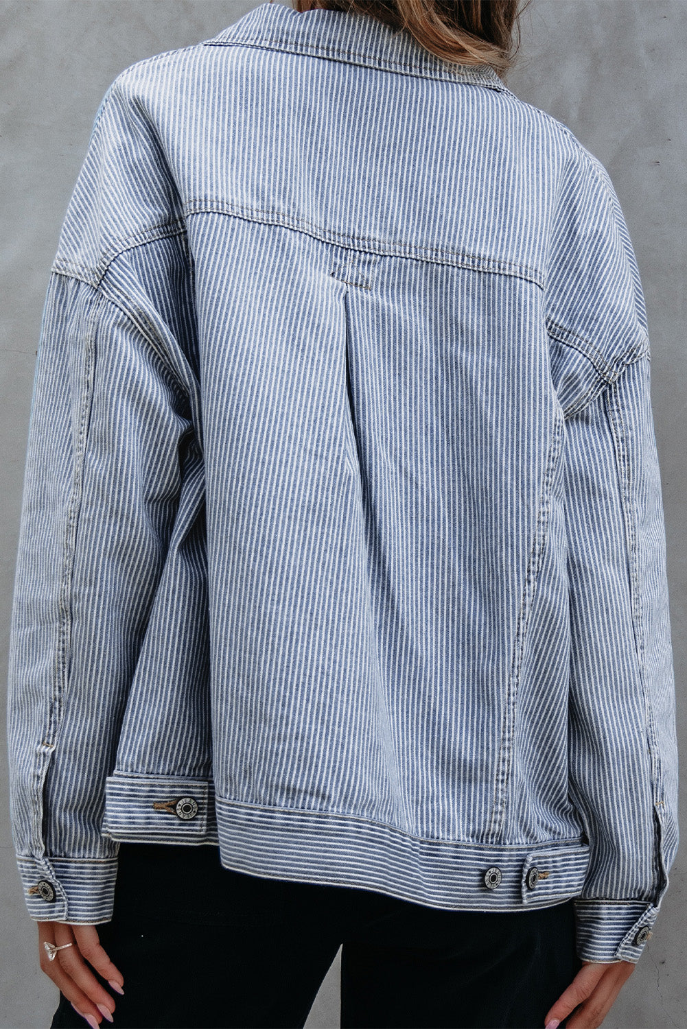 Blue Zone Planet | Sky Blue Stripe Washed Oversize Pocketed Denim Jacket-Outerwear/Denim jackets-[Adult]-[Female]-2022 Online Blue Zone Planet