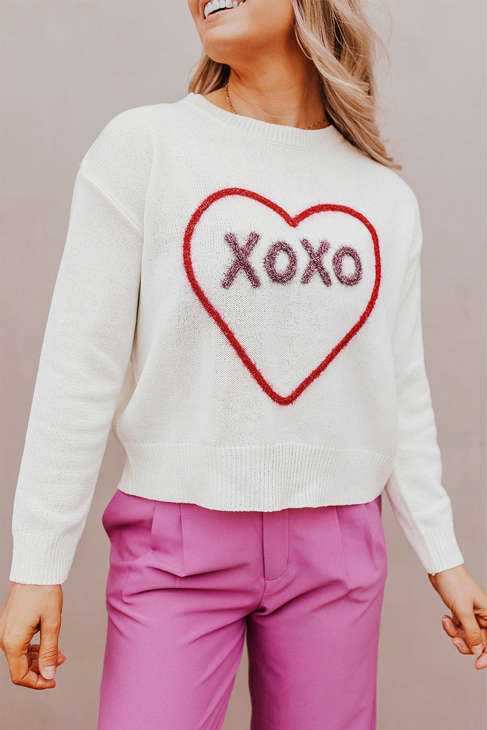 XOXO Round Neck Drop Shoulder Sweater-TOPS / DRESSES-[Adult]-[Female]-White-L-2022 Online Blue Zone Planet