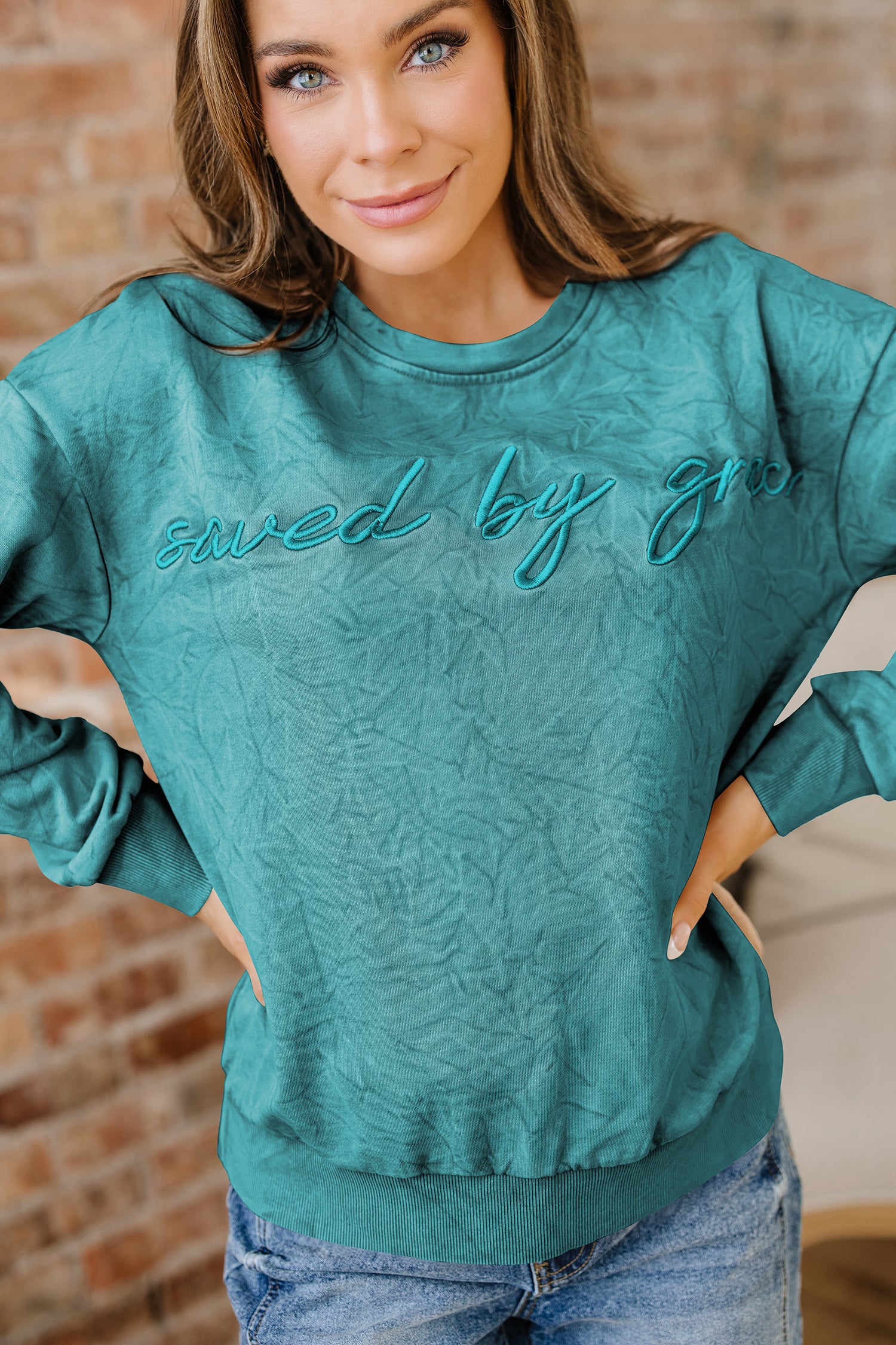 High-Rise Saved By Grace Letter Embroidery Mineral Wash Loose Sweatshirt-Tops/Sweatshirts & Hoodies-[Adult]-[Female]-2022 Online Blue Zone Planet