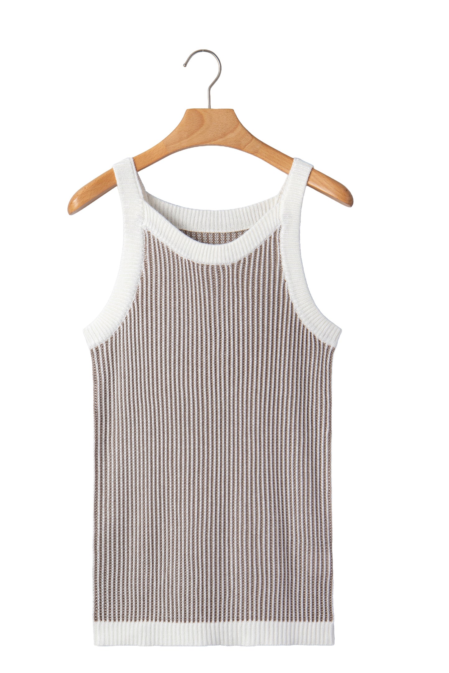 Pale Khaki Contrast Trim Ribbed Knit Sweater Tank Top-Sweaters & Cardigans/Sweater Vests-[Adult]-[Female]-2022 Online Blue Zone Planet