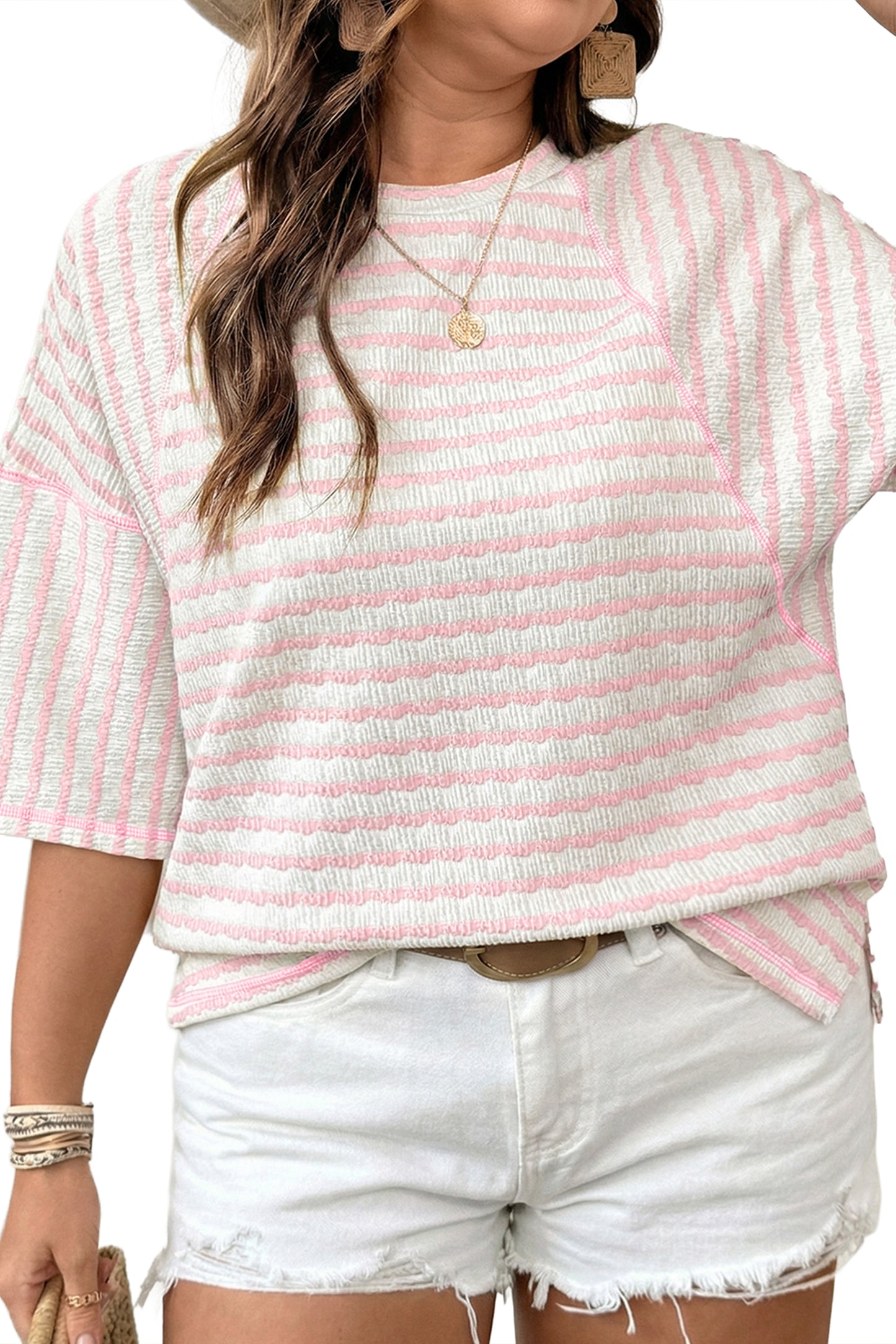 Apricot Stripe Plus Size Textured Patchwork Detail Half Sleeve Top-Plus Size/Plus Size Tops/Plus Size Tops & Tees-[Adult]-[Female]-2022 Online Blue Zone Planet