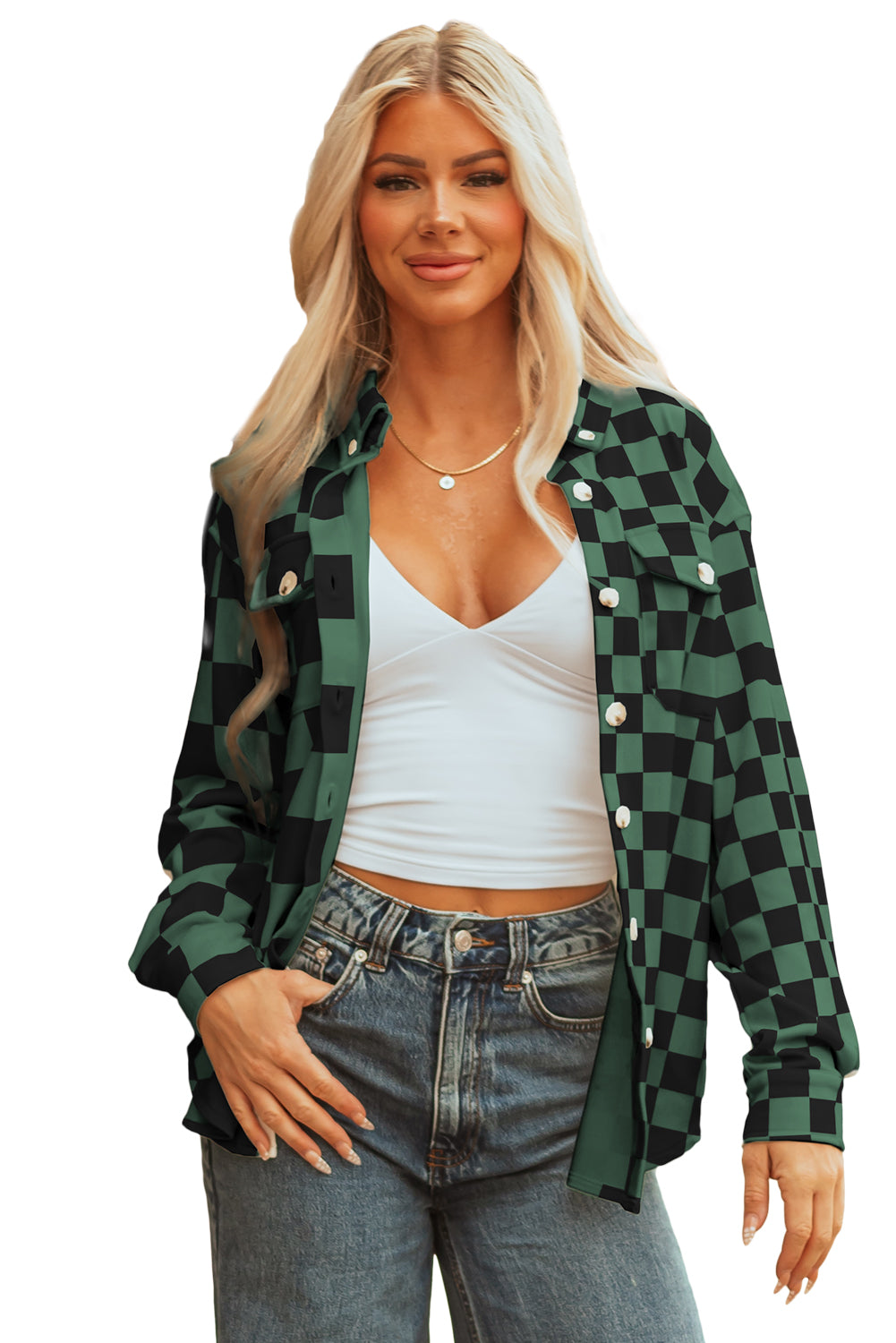 Green Checkerboard Flap Pocket Button Front Shacket-Outerwear/Plaid Shackets-[Adult]-[Female]-2022 Online Blue Zone Planet