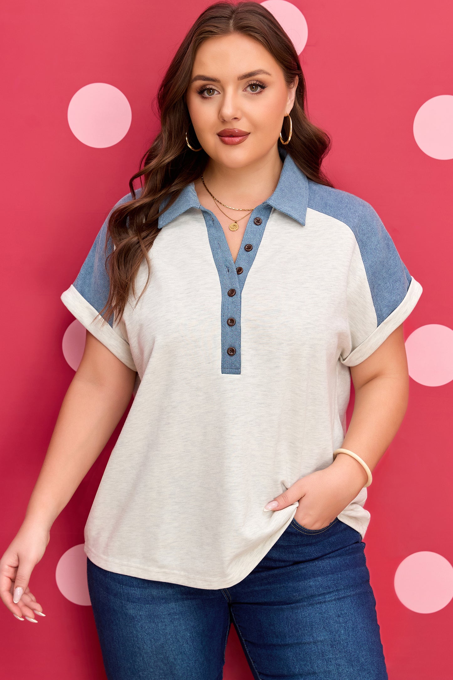 Beige Plus Size Contrast Denim Patchwork Cuffed Sleeve Polo Tee-Plus Size/Plus Size Tops/Plus Size Tops & Tees-[Adult]-[Female]-2022 Online Blue Zone Planet