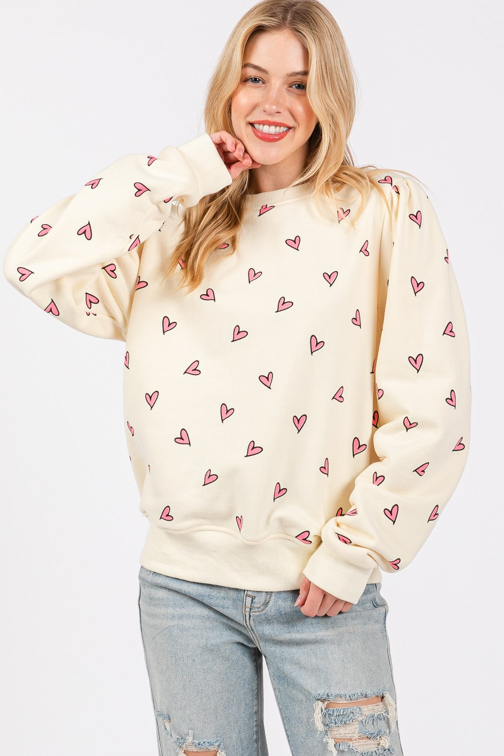 SAGE + FIG Heart Printed Contrast Long Sleeve Sweatshirt-TOPS / DRESSES-[Adult]-[Female]-2022 Online Blue Zone Planet