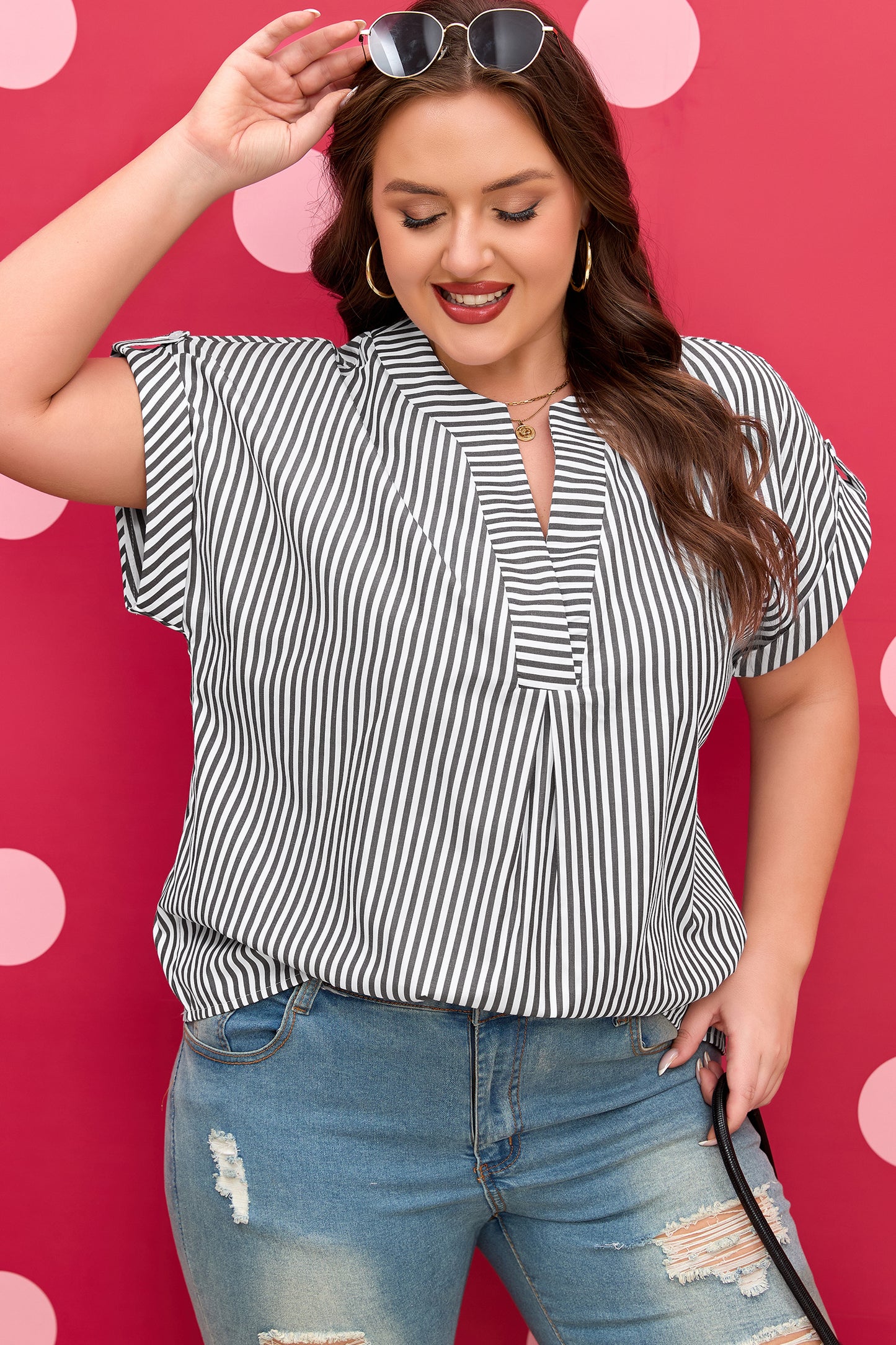 Black Stripe Plus Size V Neck Roll-Tab Short Dolman Sleeve Blouse-Plus Size/Plus Size Tops/Plus Size Blouses & Shirts-[Adult]-[Female]-2022 Online Blue Zone Planet