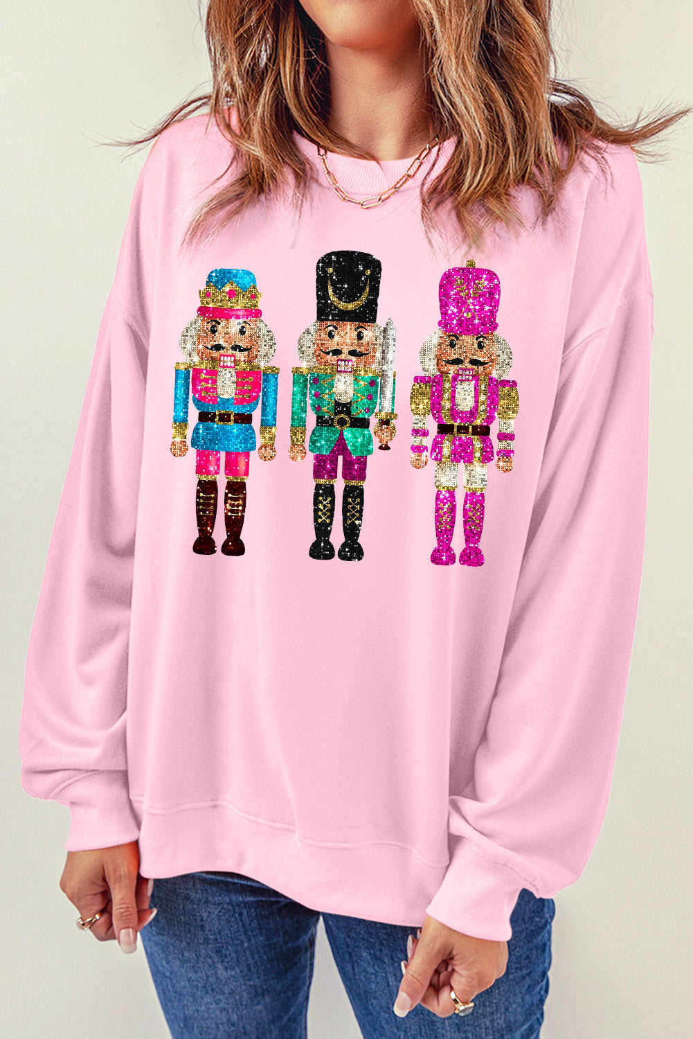 Pink Cute Nutcracker Printed Drop Shoulder Christmas Sweatshirt-Graphic/Graphic Sweatshirts-[Adult]-[Female]-2022 Online Blue Zone Planet