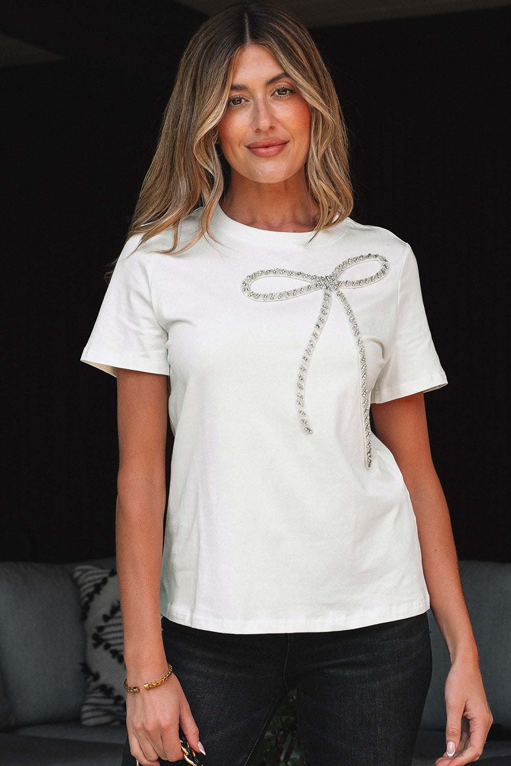 White Rhinestone Bow Embellished Round Neck Tee-Tops/Tops & Tees-[Adult]-[Female]-2022 Online Blue Zone Planet