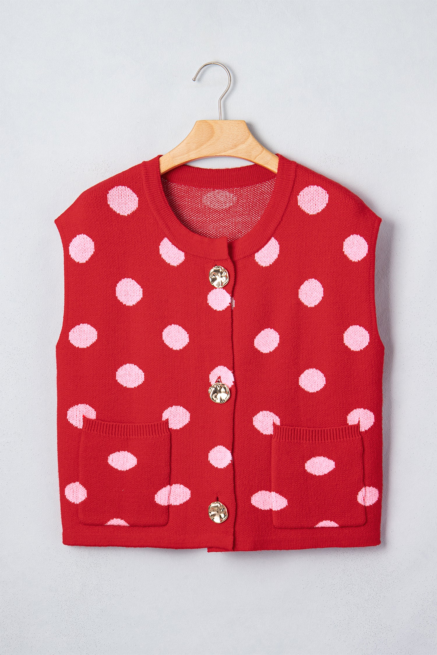 Red Polka Dot Sleeveless Knit Button Drop Shoulder Sweater Vest-TOPS / DRESSES-[Adult]-[Female]-2022 Online Blue Zone Planet