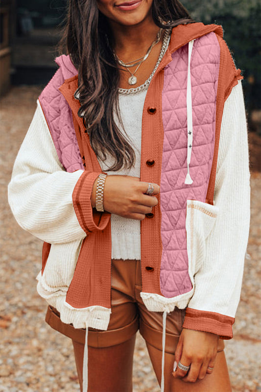 Coral Quilted Textured Patchwork Loose Fit Hooded Jacket-Outerwear/Jackets-[Adult]-[Female]-Coral-S-2022 Online Blue Zone Planet