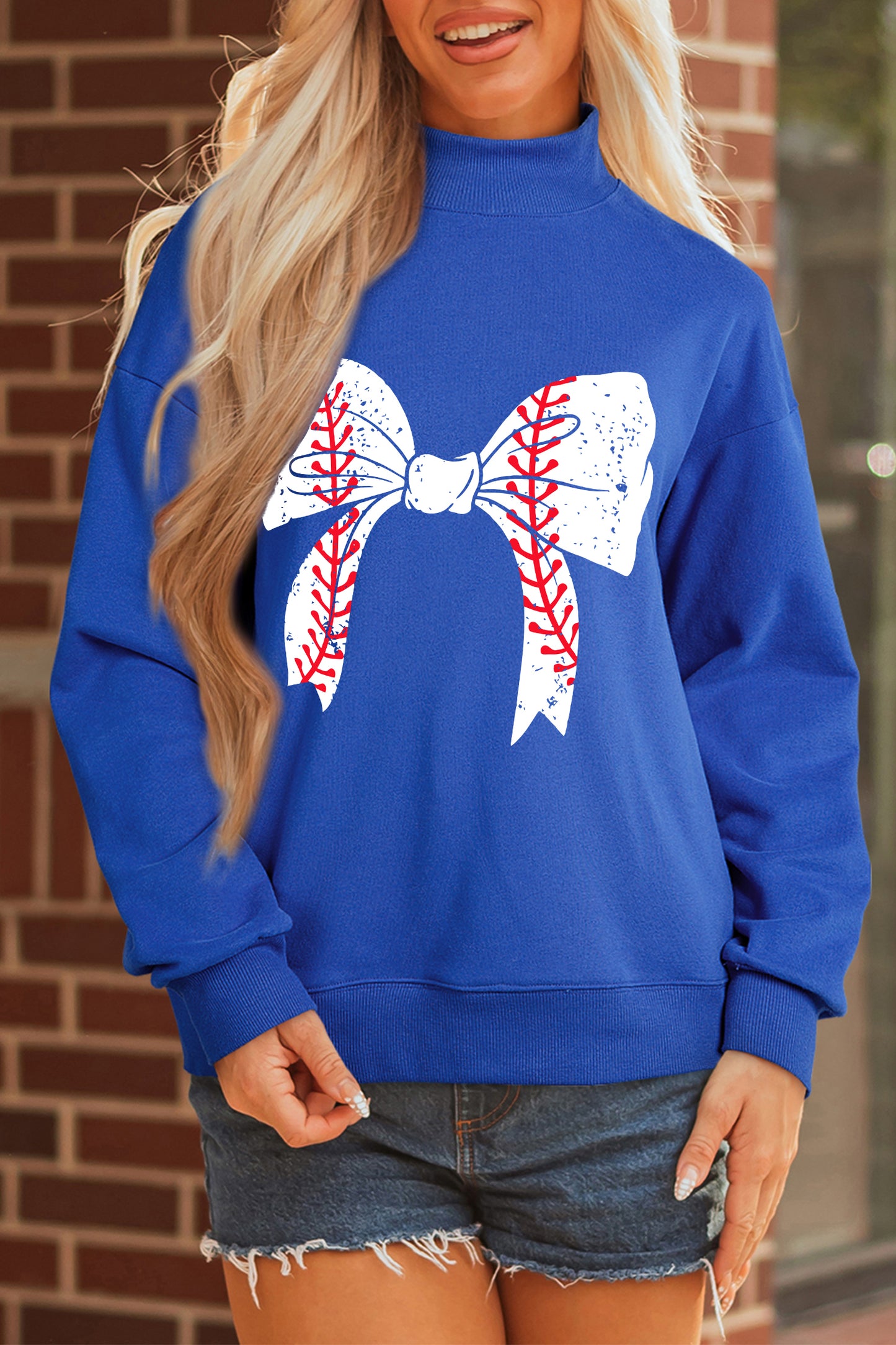 Dark Blue Baseball Large Bow Mock Neck Sweatshirt-Graphic/Graphic Sweatshirts-[Adult]-[Female]-2022 Online Blue Zone Planet