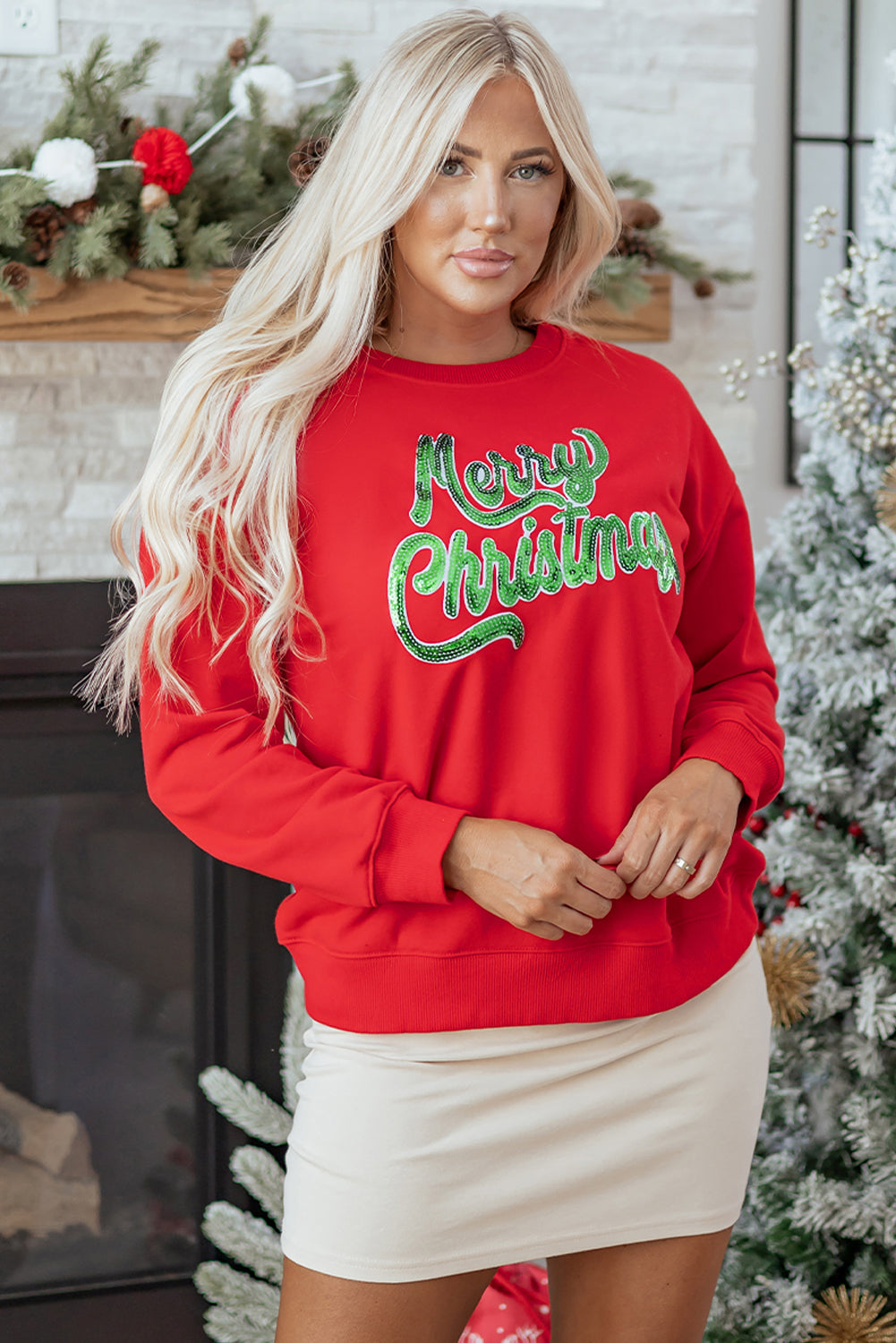 Blue Zone Planet | Red Merry Christmas Crewneck Drop Shoulder Loose Sweatshirt-Graphic/Graphic Sweatshirts-[Adult]-[Female]-2022 Online Blue Zone Planet