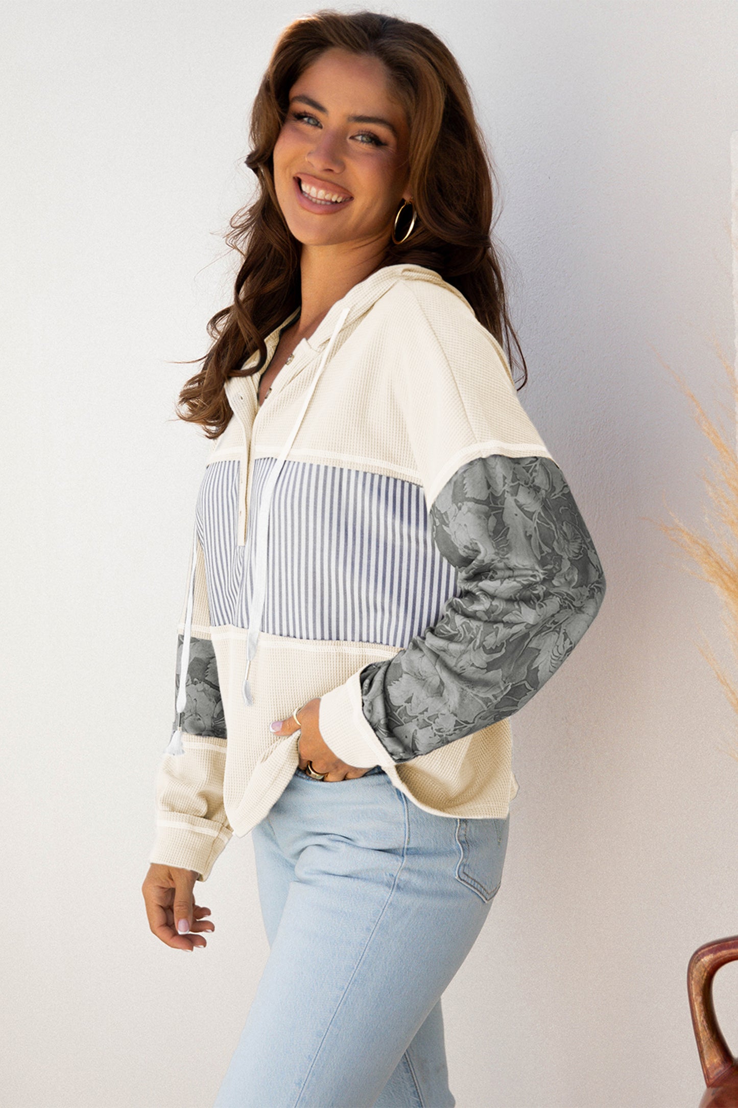 White Waffle Printed Patchwork Drawstring Hooded Long Sleeve Top-Tops/Long Sleeve Tops-[Adult]-[Female]-2022 Online Blue Zone Planet