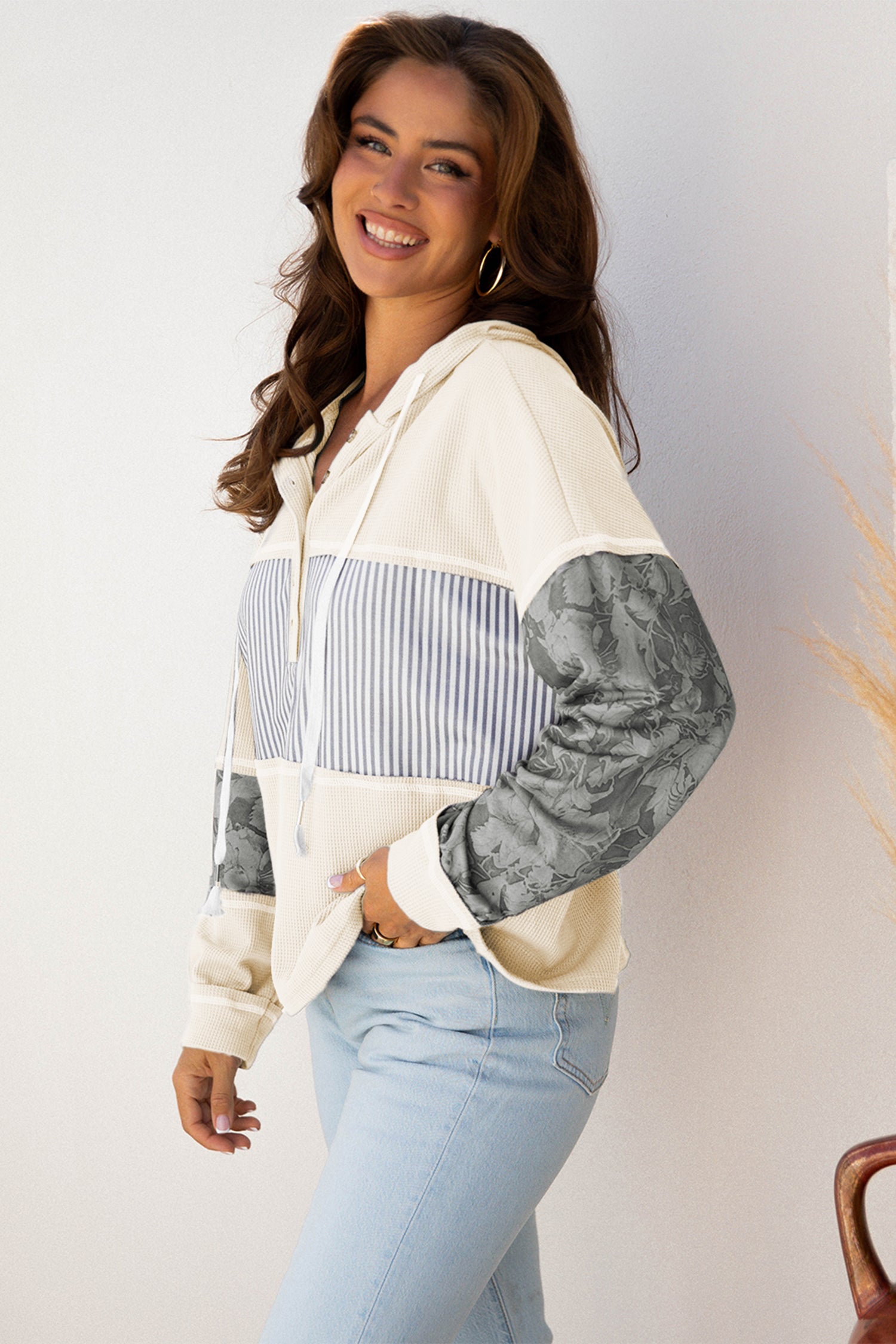 White Waffle Printed Patchwork Drawstring Hooded Long Sleeve Top-Tops/Long Sleeve Tops-[Adult]-[Female]-2022 Online Blue Zone Planet