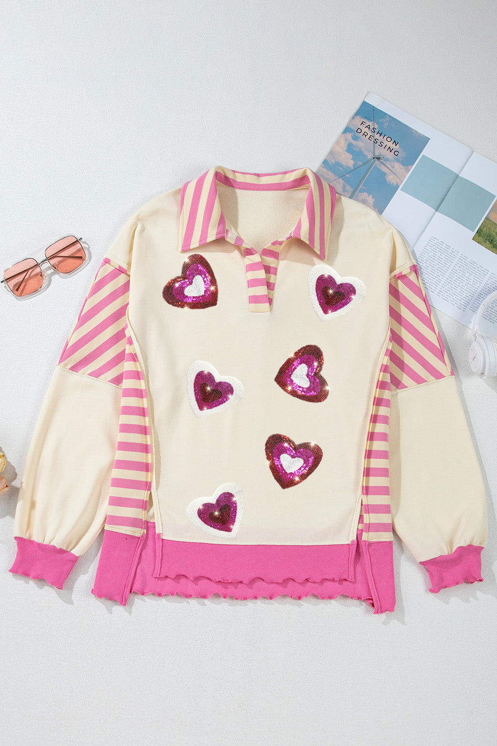 Valentine’s Day Sequin Heart Pattern Long Sleeve Sweatshirt-TOPS / DRESSES-[Adult]-[Female]-2022 Online Blue Zone Planet