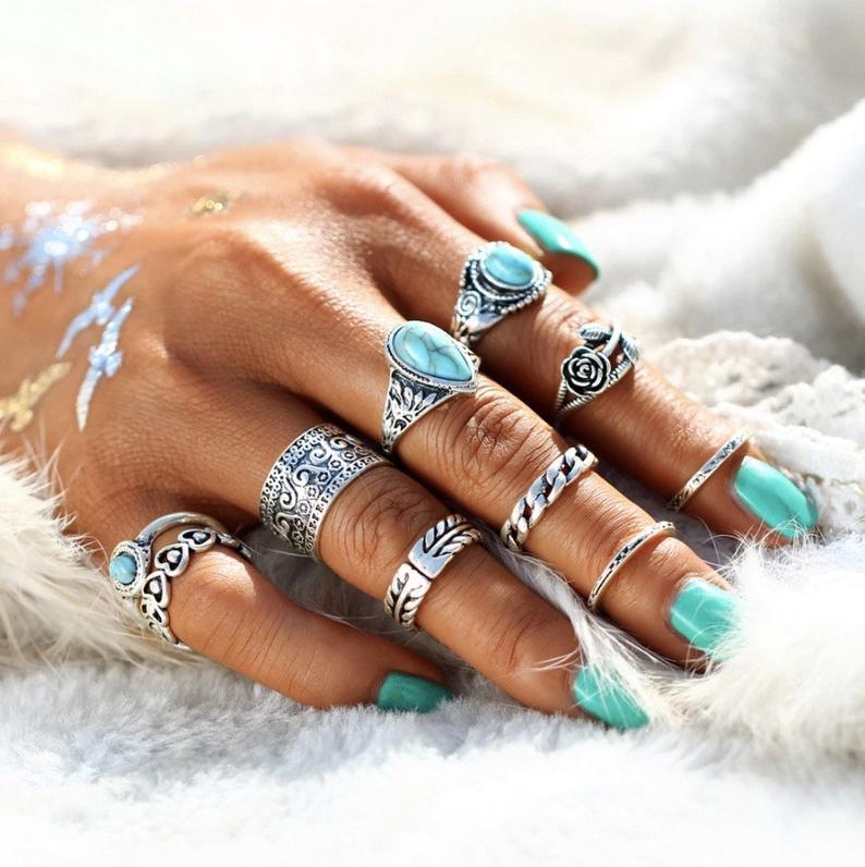 Artificial Turquoise Alloy Ring 10-Piece Set-RINGS-[Adult]-[Female]-Silver-One Size-2022 Online Blue Zone Planet