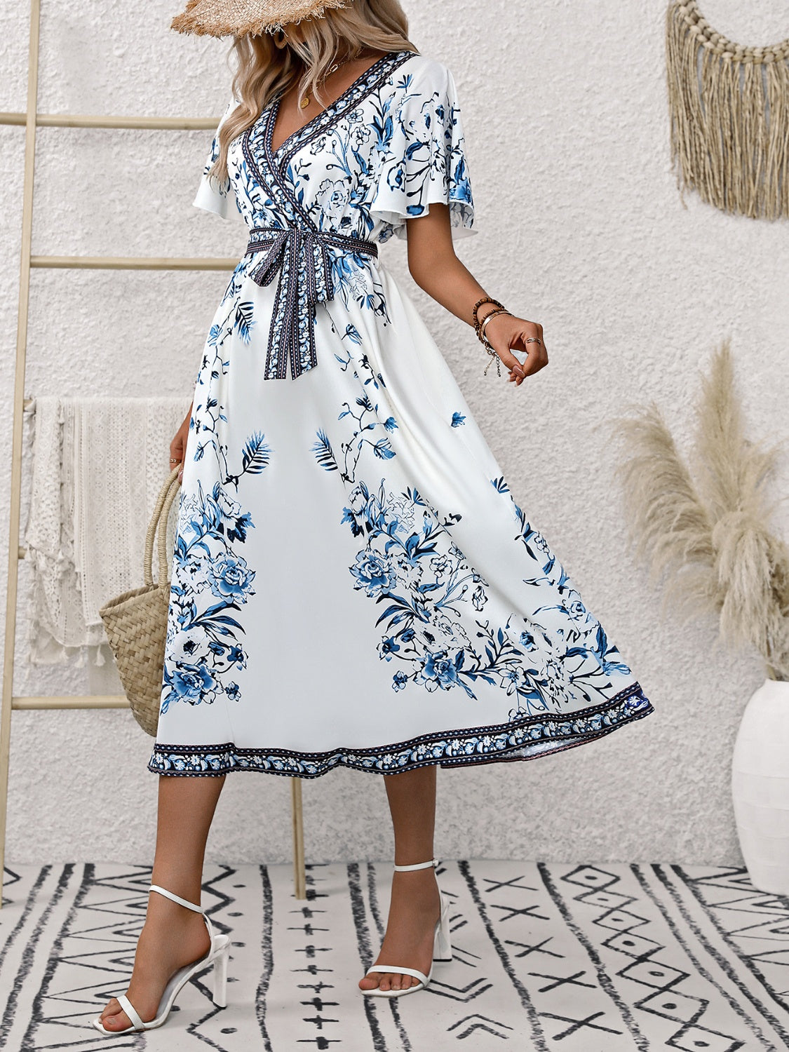 Printed Surplice Flutter Sleeve Dress-TOPS / DRESSES-[Adult]-[Female]-2022 Online Blue Zone Planet