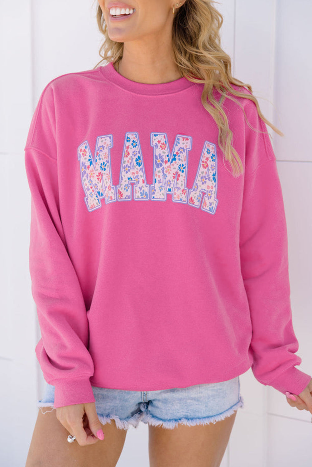 Rose Red Floral MAMA Embroidered Graphic Pullover Sweatshirt-Tops/Sweatshirts & Hoodies-[Adult]-[Female]-Rose Red-S-2022 Online Blue Zone Planet