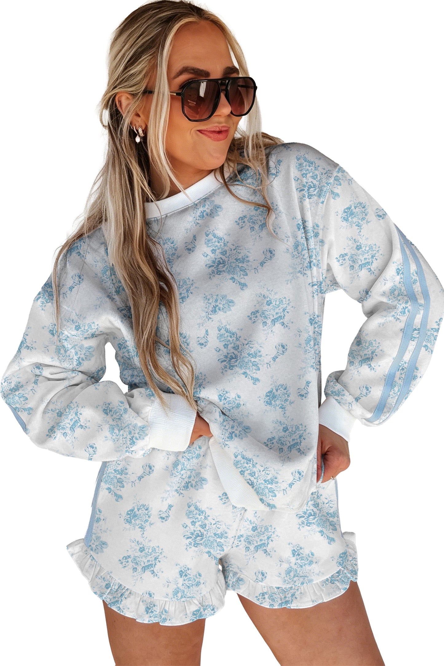 Sky Blue Floral Print Striped Detail Long Sleeve Top Ruffle Hem Shorts 2pcs Set-Two Piece Sets/Short Sets-[Adult]-[Female]-2022 Online Blue Zone Planet